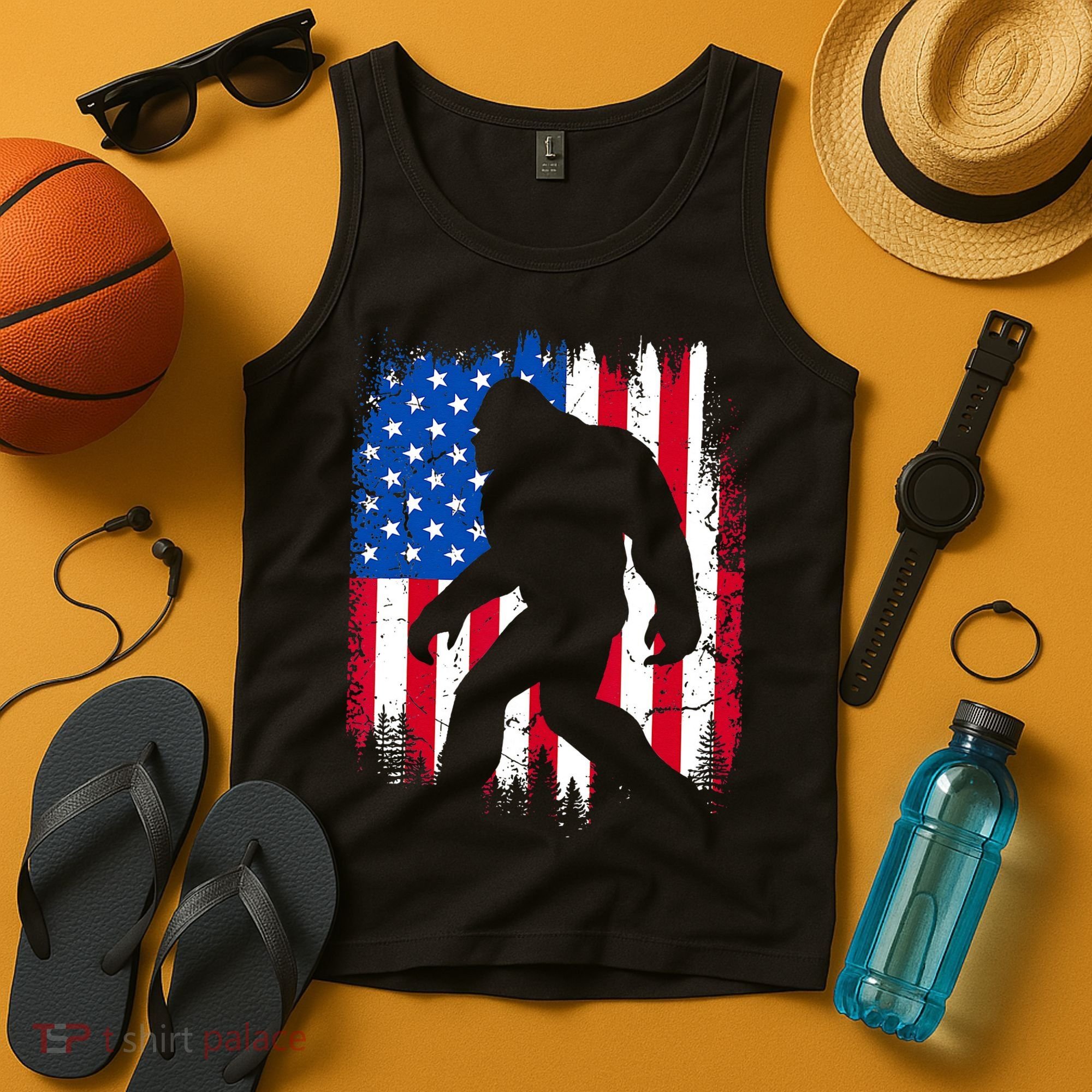 Retro Bigfoot Silhouette USA Flag Sasquatch Lovers July 4th Tank Top