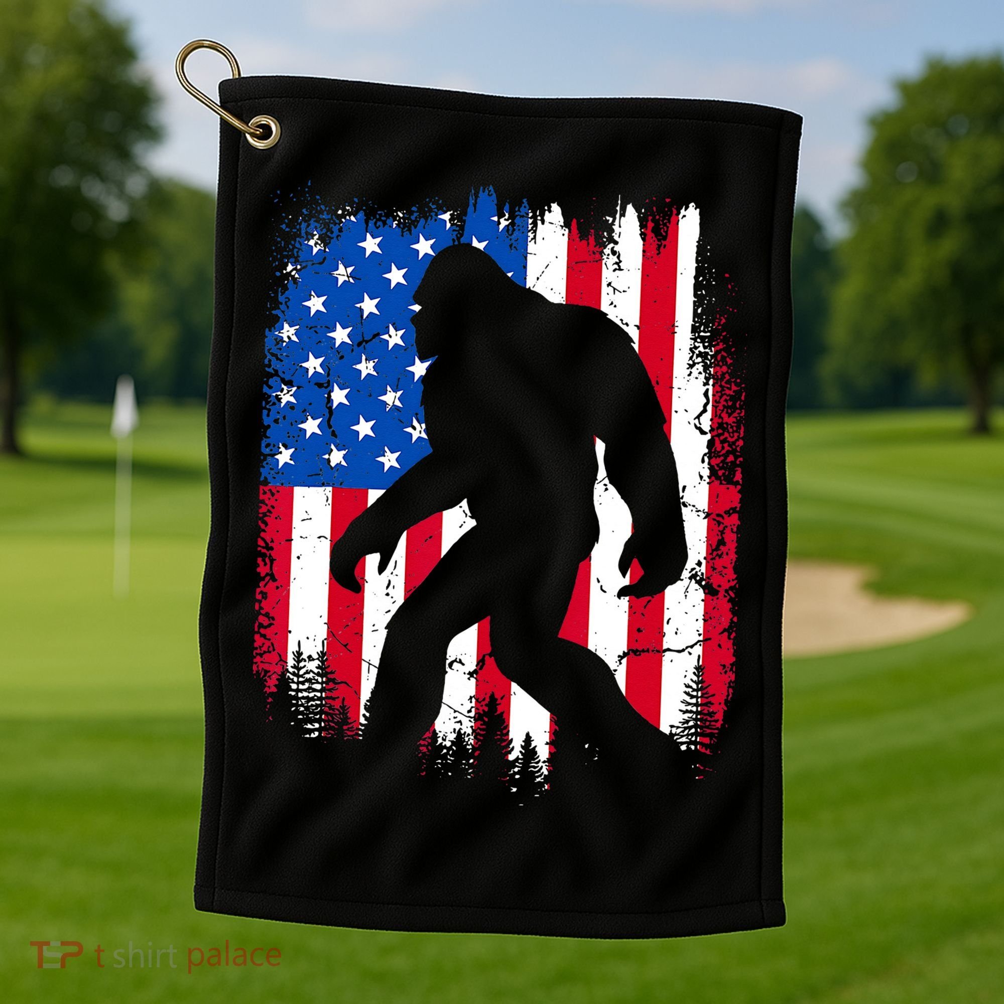 Retro Bigfoot Silhouette USA Flag Sasquatch Lovers July 4th Golf Towel