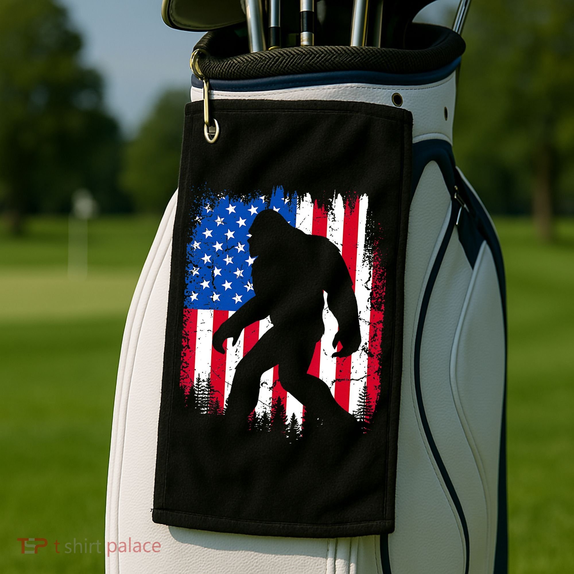 Retro Bigfoot Silhouette USA Flag Sasquatch Lovers July 4th Golf Towel