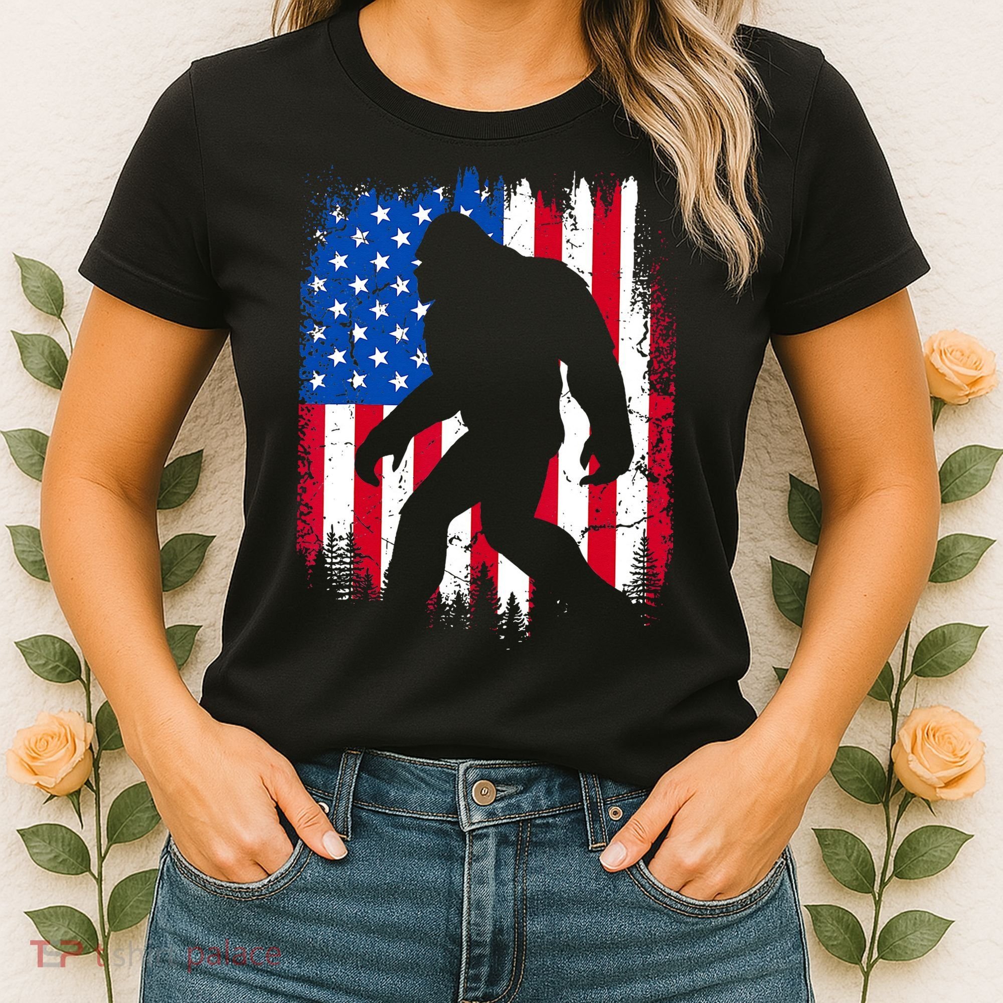 Retro Bigfoot Silhouette USA Flag Sasquatch Lovers July 4th Women's T-Shirt