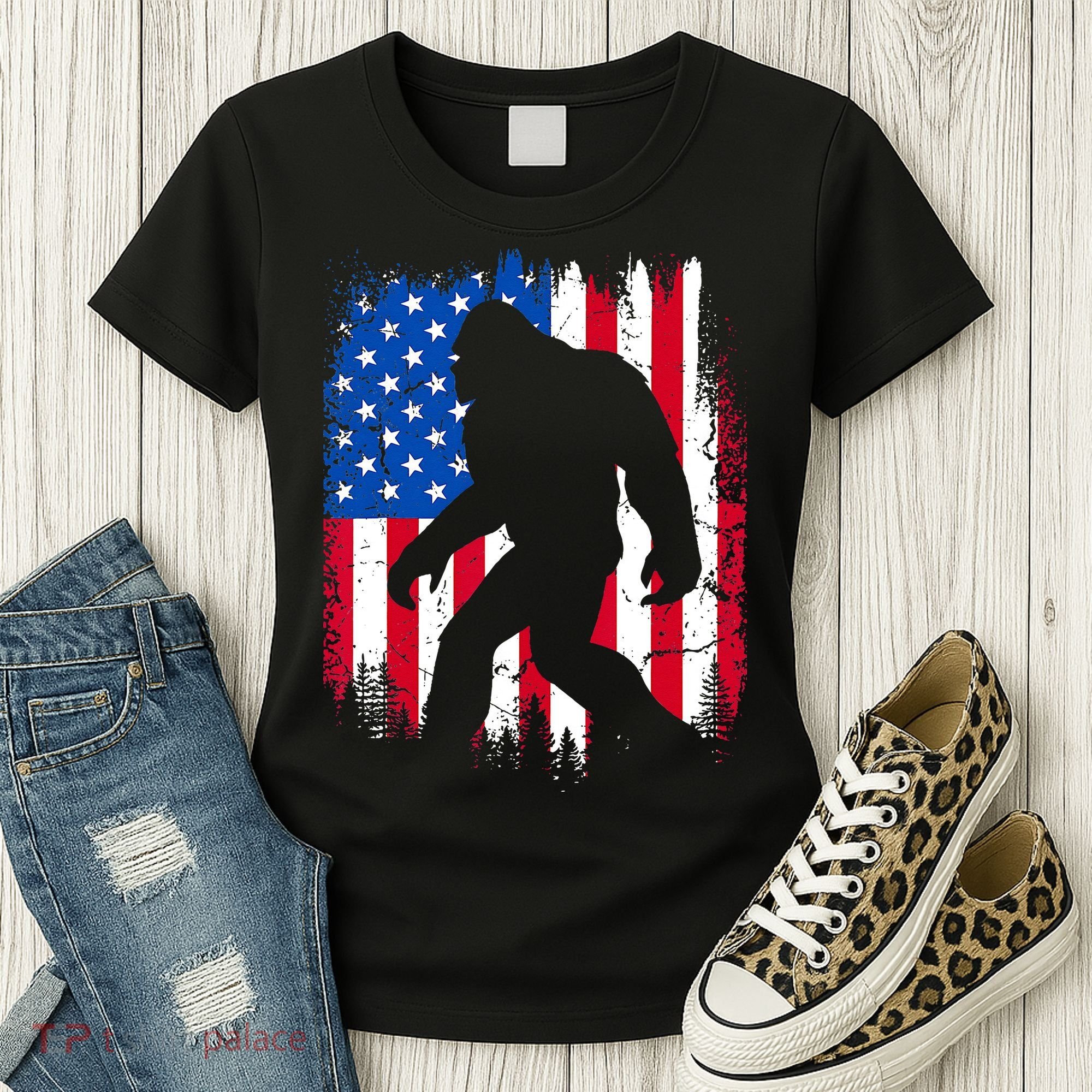 Retro Bigfoot Silhouette USA Flag Sasquatch Lovers July 4th Women's T-Shirt