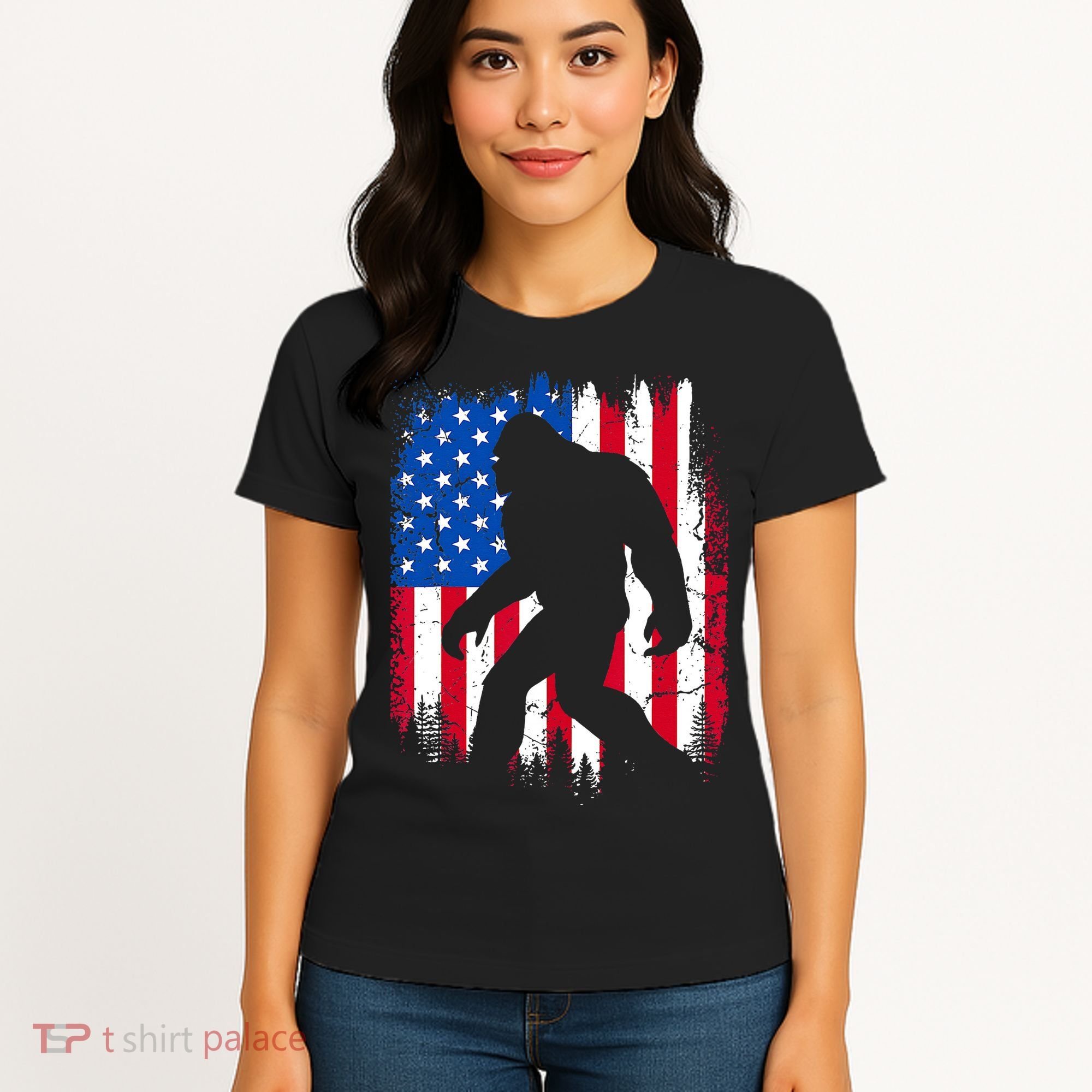 Retro Bigfoot Silhouette USA Flag Sasquatch Lovers July 4th Women's T-Shirt