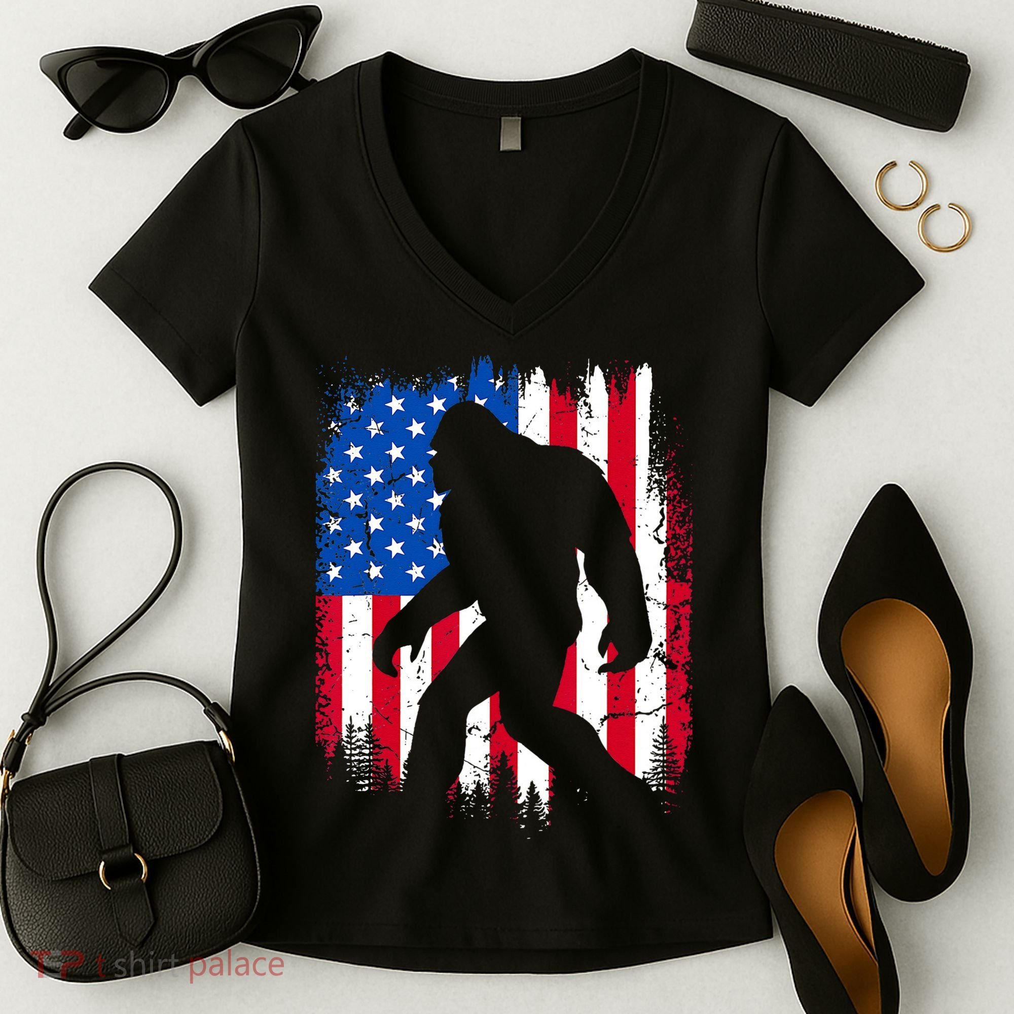 Retro Bigfoot Silhouette USA Flag Sasquatch Lovers July 4th Women's V-Neck T-Shirt