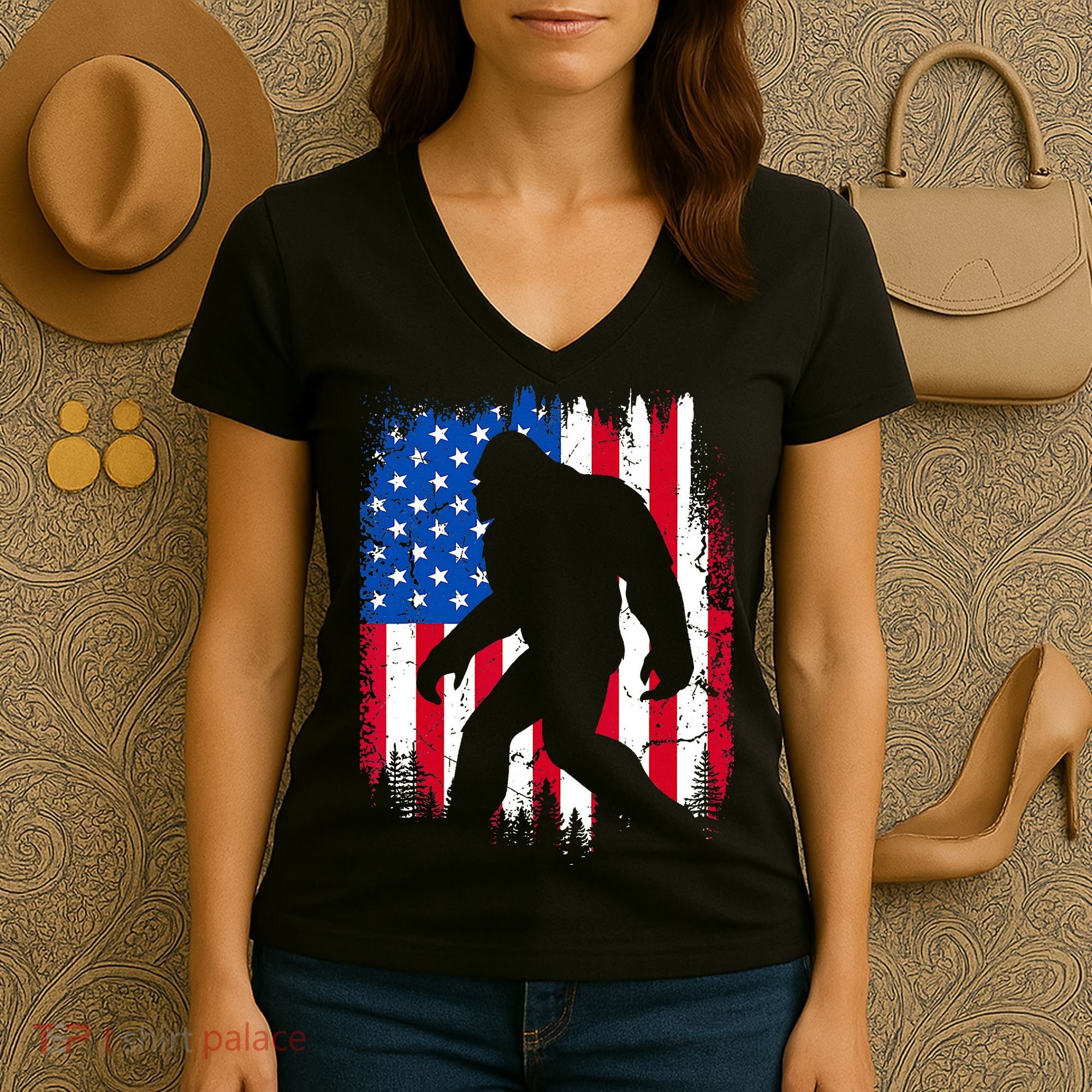 Retro Bigfoot Silhouette USA Flag Sasquatch Lovers July 4th Women's V-Neck T-Shirt