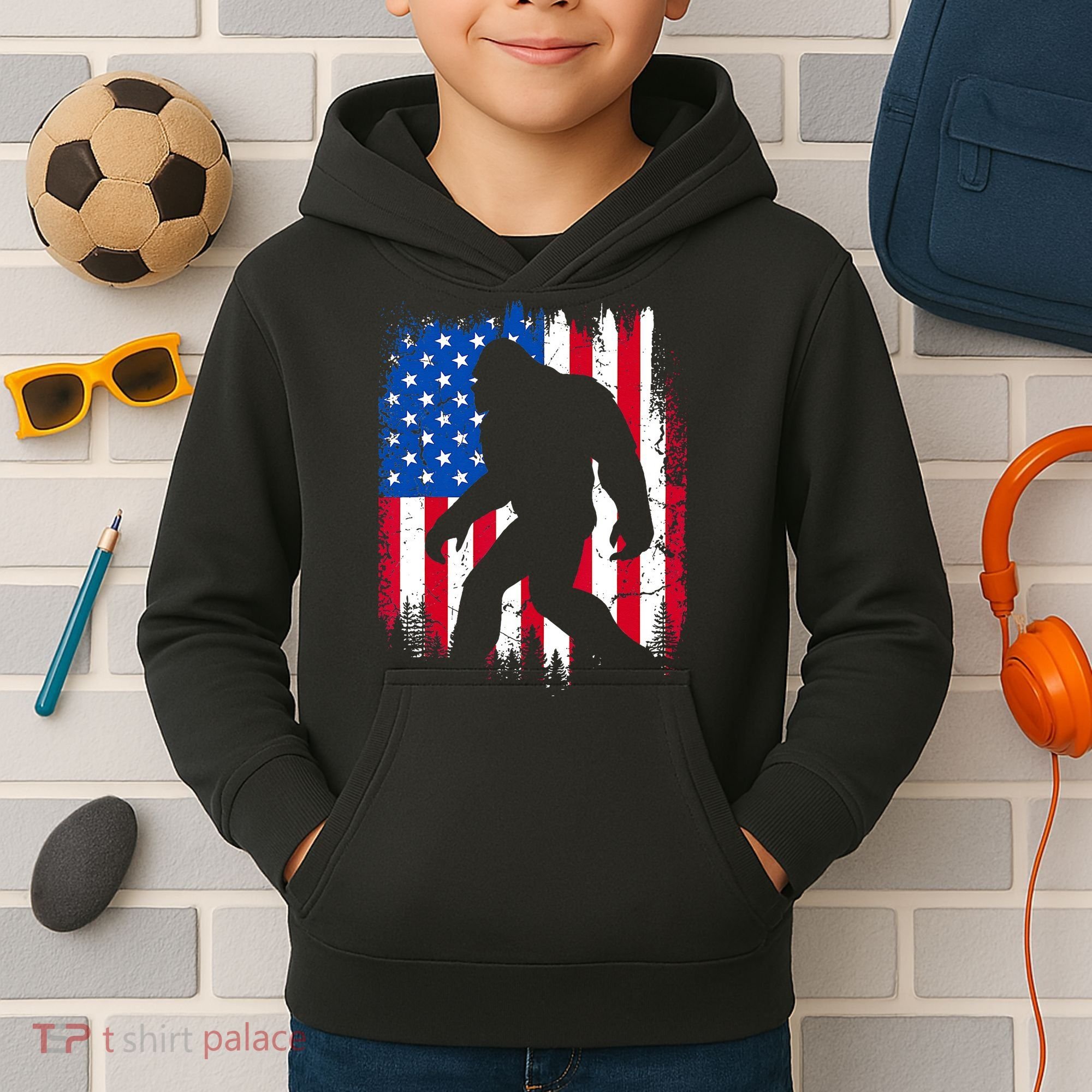 Retro Bigfoot Silhouette USA Flag Sasquatch Lovers July 4th Kids Hoodie