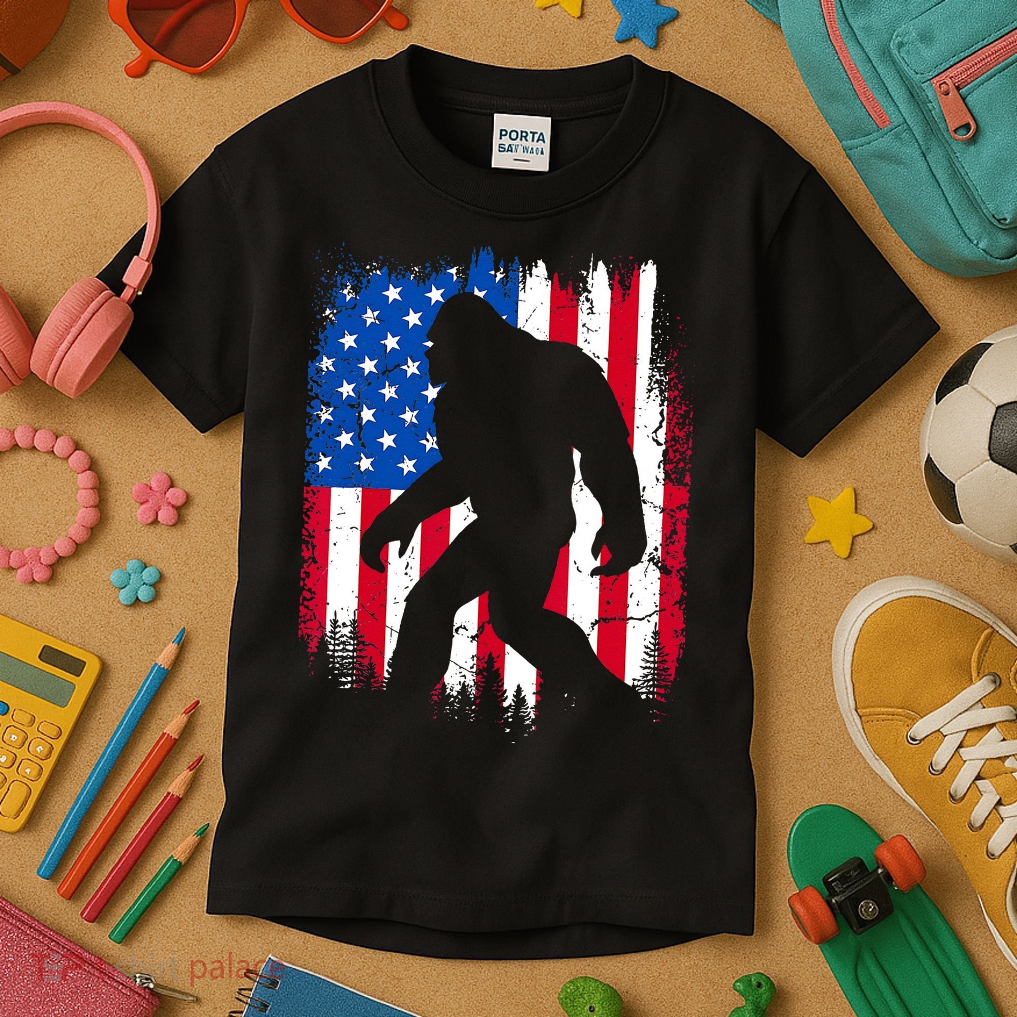 Retro Bigfoot Silhouette USA Flag Sasquatch Lovers July 4th Kids T-Shirt