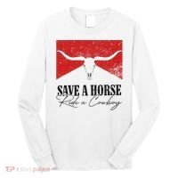 Retro Bull Skull Western Country Save A Horse Ride A Cowboy Long Sleeve Shirt thumb 0