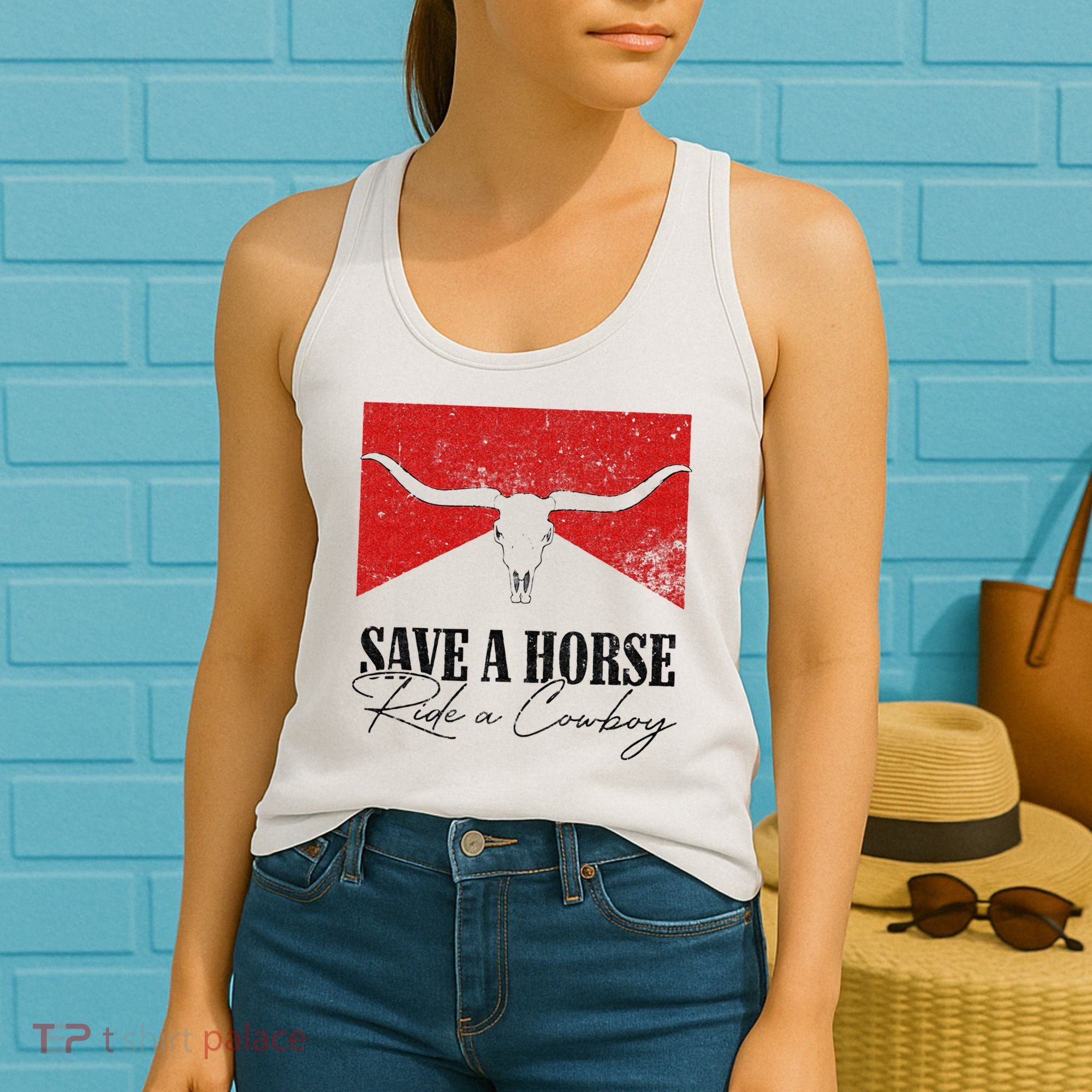 Retro Bull Skull Western Country Save A Horse Ride A Cowboy Women's Tank Top