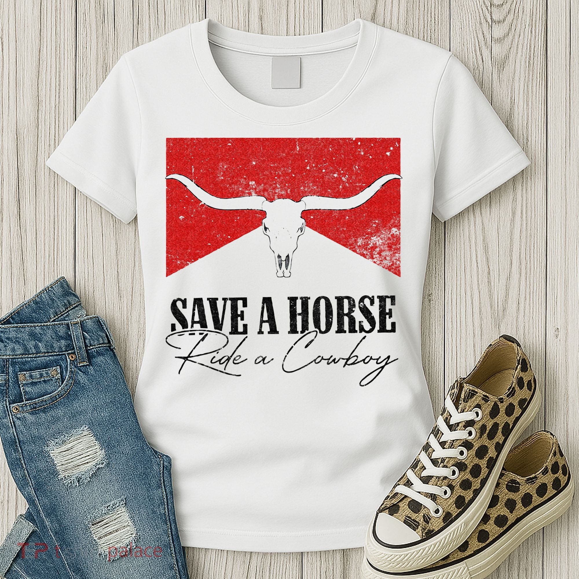 Retro Bull Skull Western Country Save A Horse Ride A Cowboy Women's T-Shirt