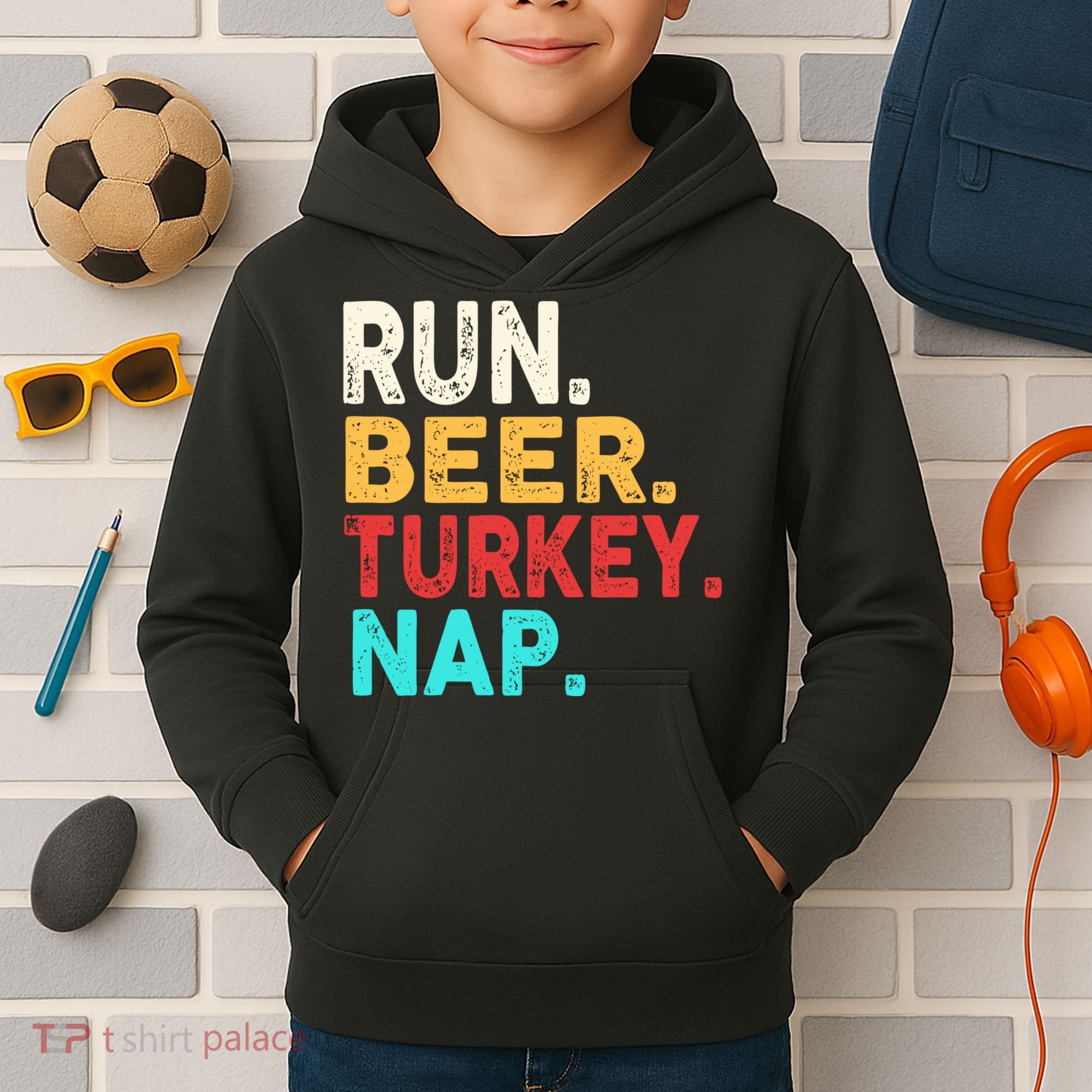 Run Beer Turkey Nap Thanksgiving Gift Kids Hoodie