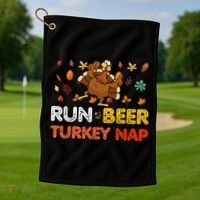 Run Beer Turkey Nap Running Trot Dinner Thanksgiving Golf Towel thumb 1