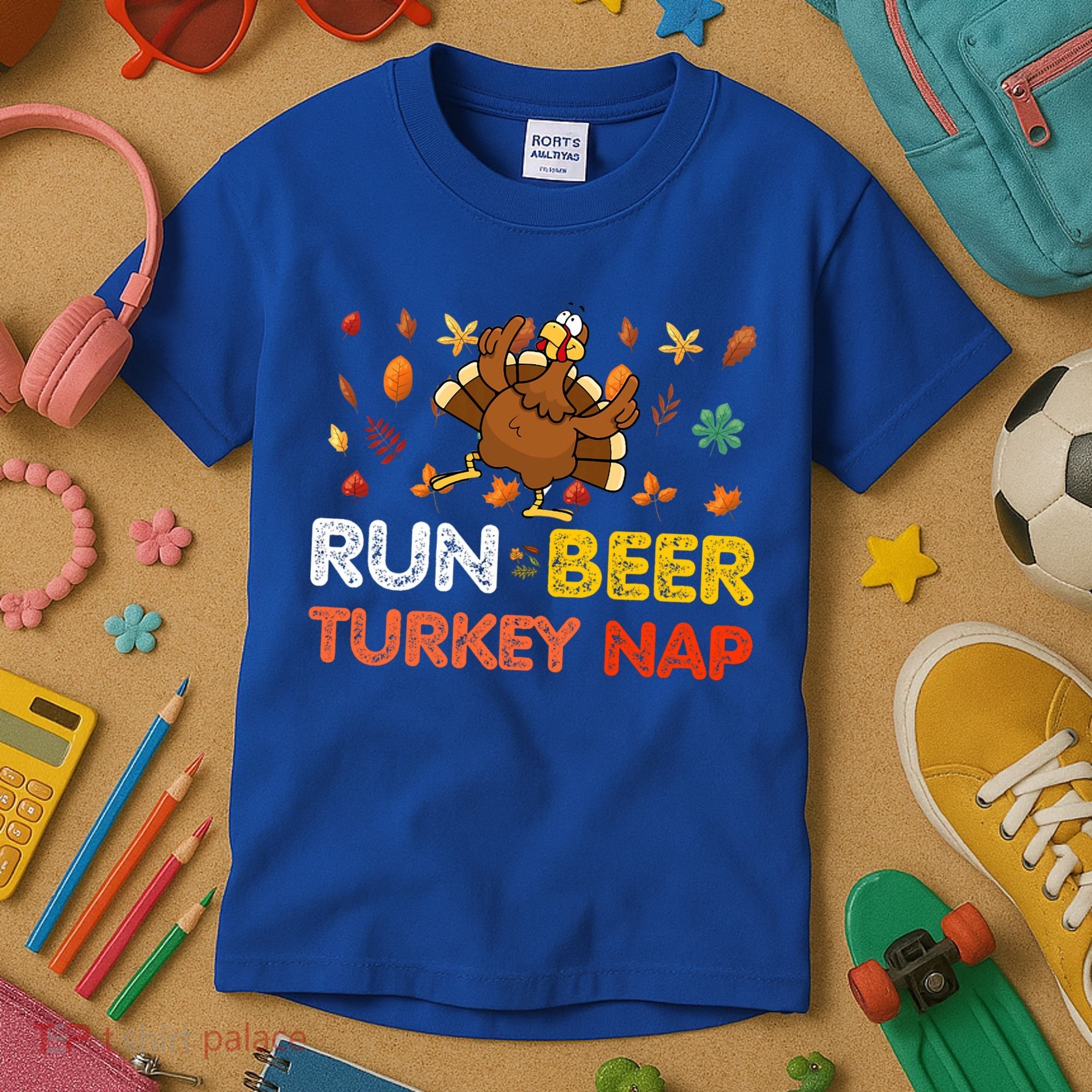 Run Beer Turkey Nap Running Trot Dinner Thanksgiving Kids T-Shirt