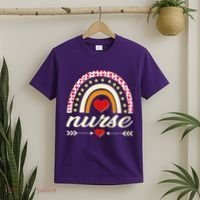 Retro Boho Valentine Day Nurse Heart Rainbow T-Shirt thumb 2