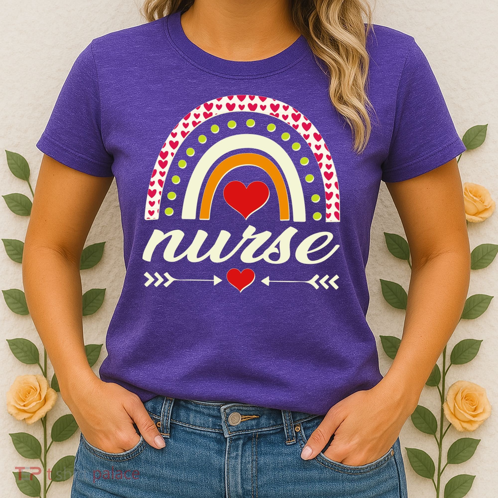 Retro Boho Valentine Day Nurse Heart Rainbow Women's T-Shirt