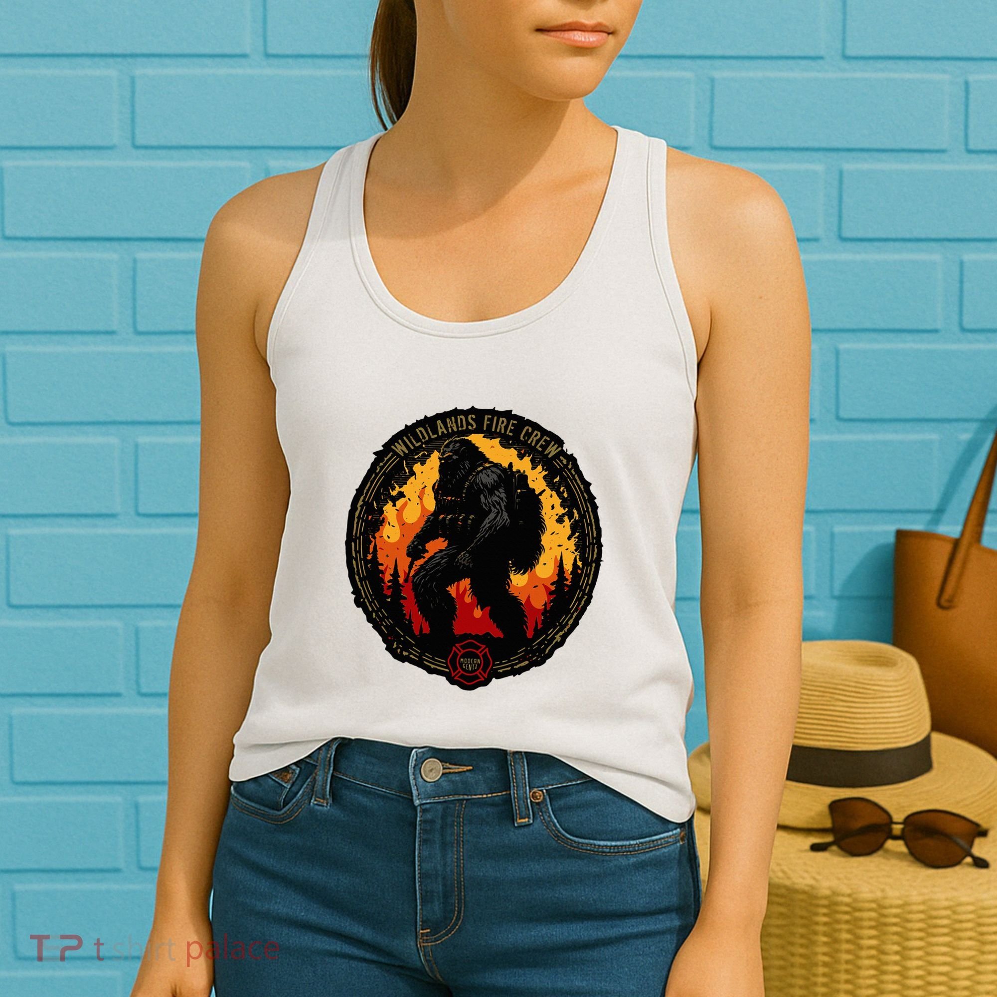 Retro Bigfoot Wildland Firefighter Sasquatch Fireman Women's Tank Top