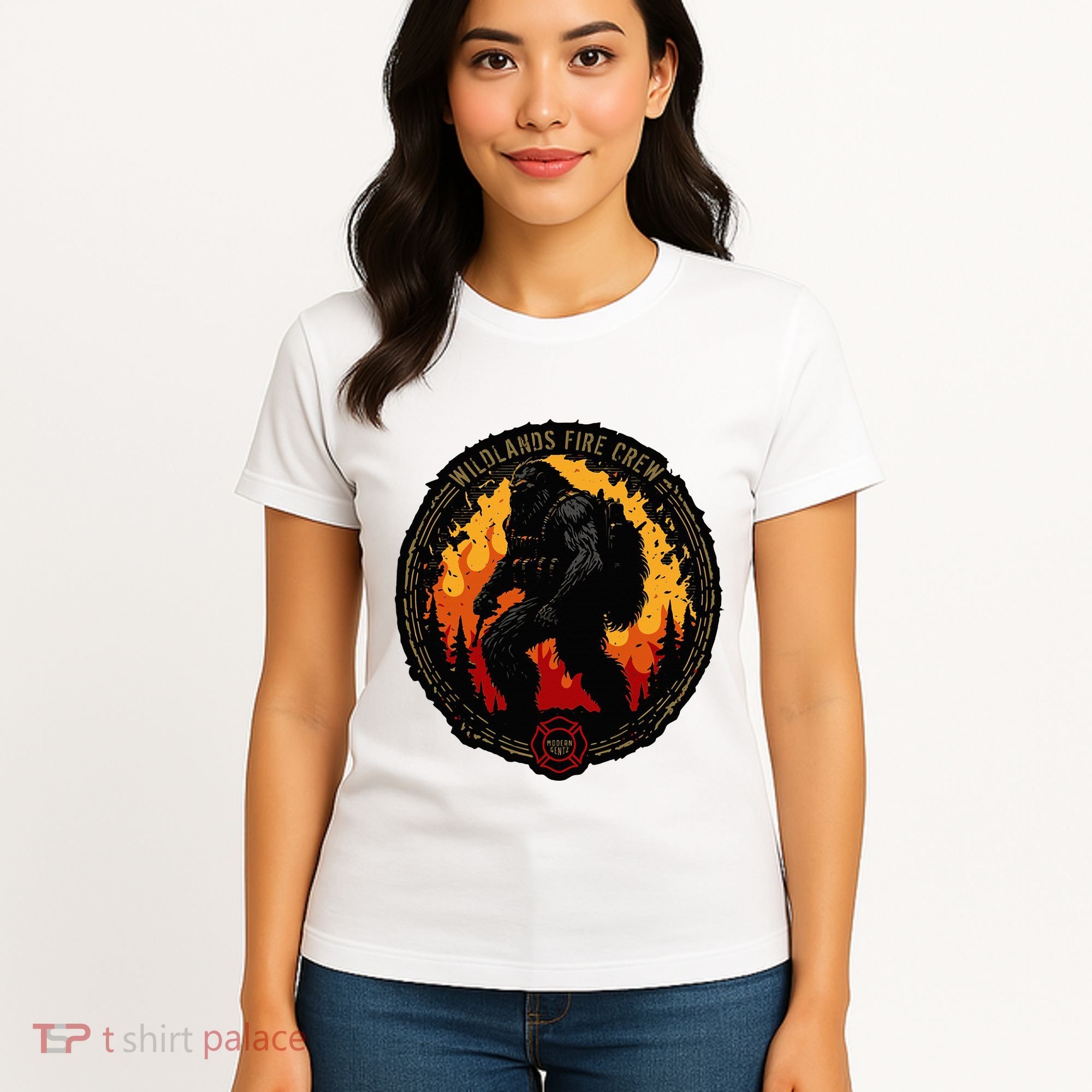 Retro Bigfoot Wildland Firefighter Sasquatch Fireman Women's T-Shirt