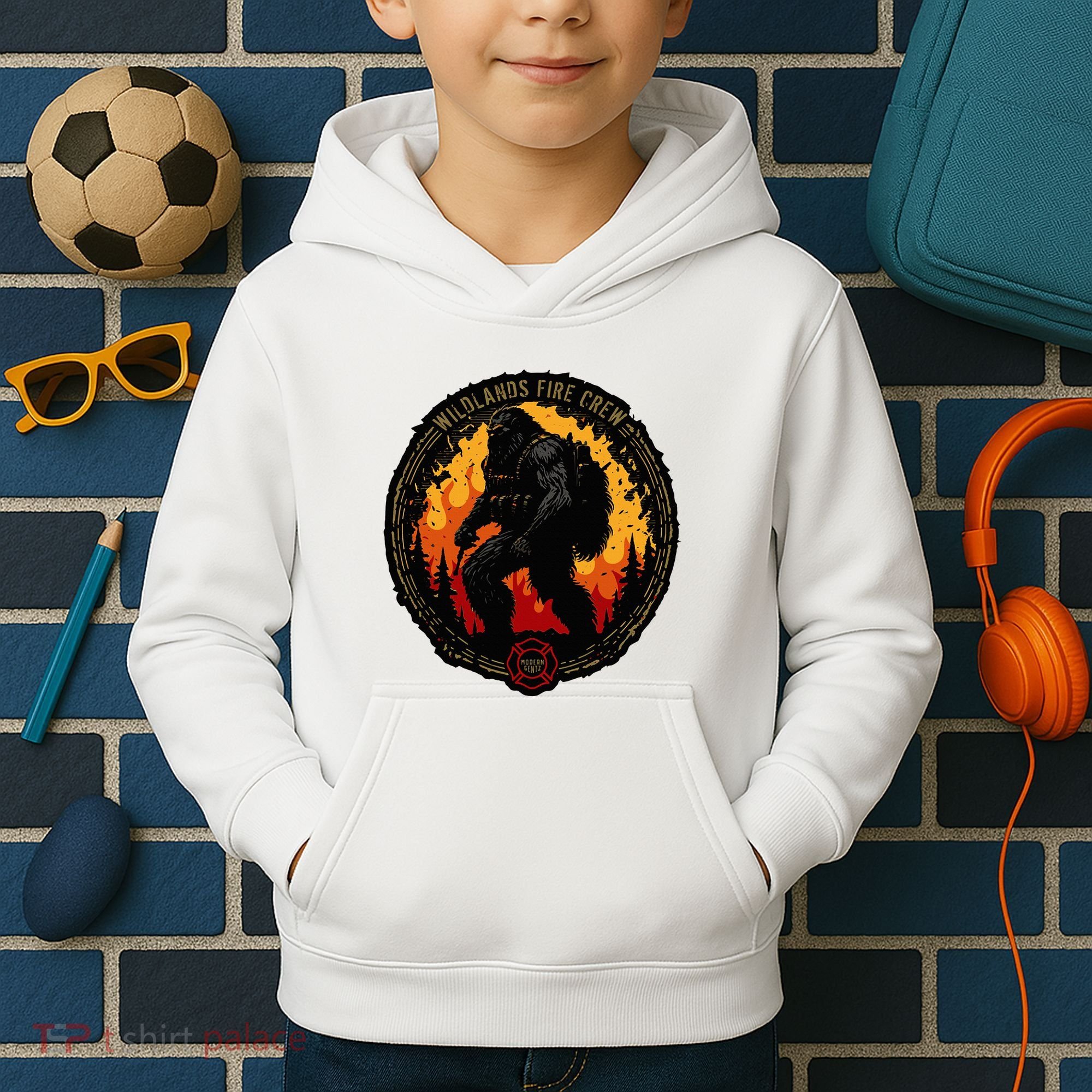 Retro Bigfoot Wildland Firefighter Sasquatch Fireman Kids Hoodie