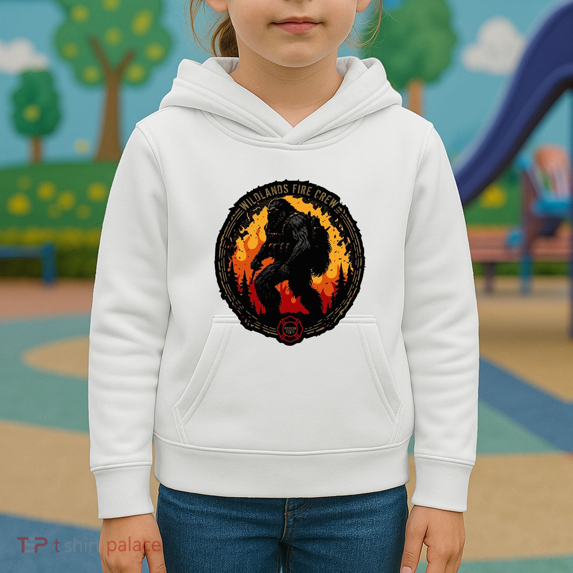 Retro Bigfoot Wildland Firefighter Sasquatch Fireman Kids Hoodie