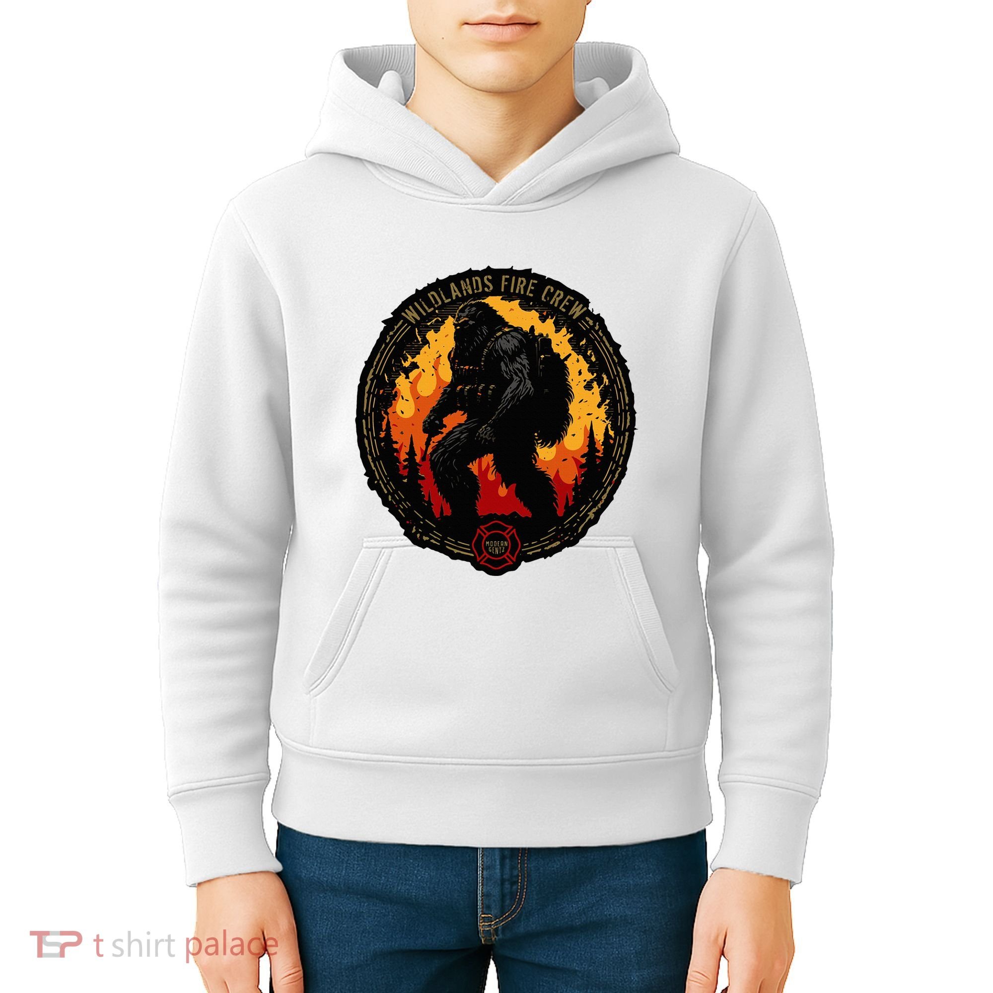 Retro Bigfoot Wildland Firefighter Sasquatch Fireman Kids Hoodie