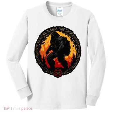 Retro Bigfoot Wildland Firefighter Sasquatch Fireman Kids Long Sleeve Shirt