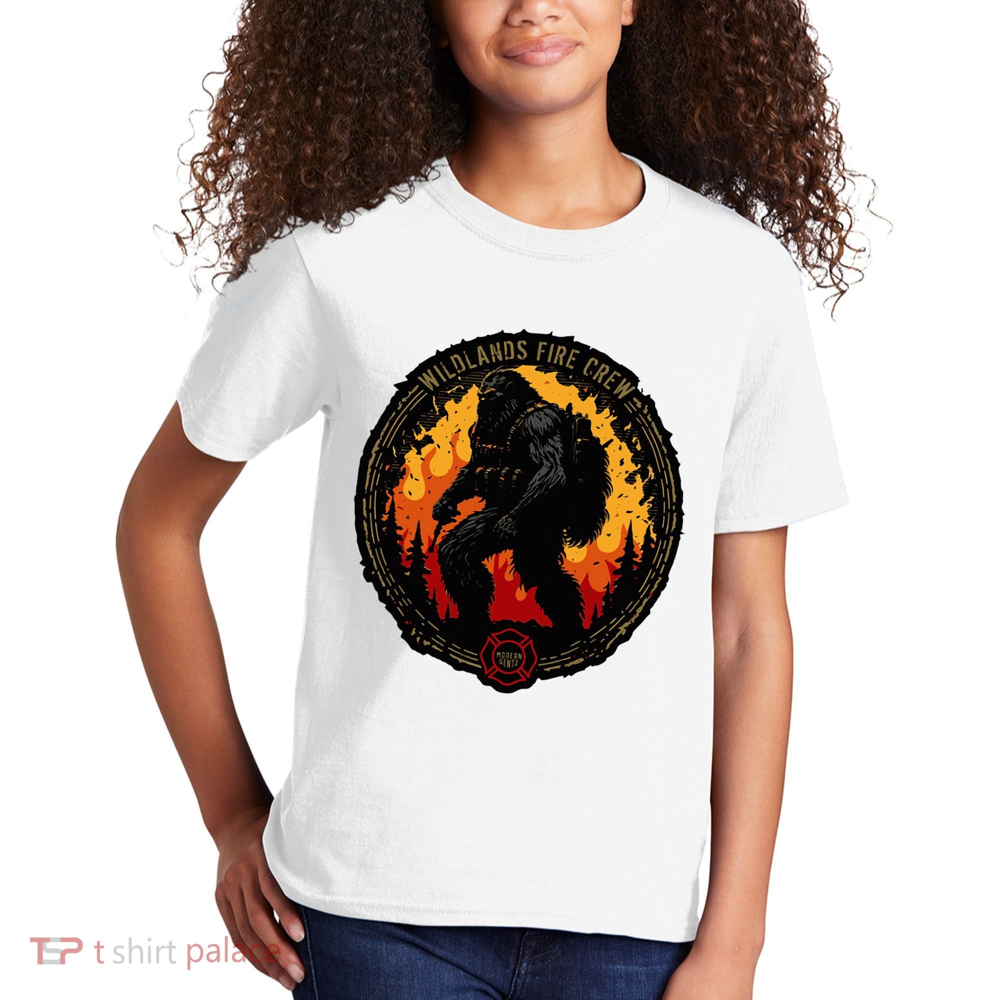 Retro Bigfoot Wildland Firefighter Sasquatch Fireman Kids T-Shirt