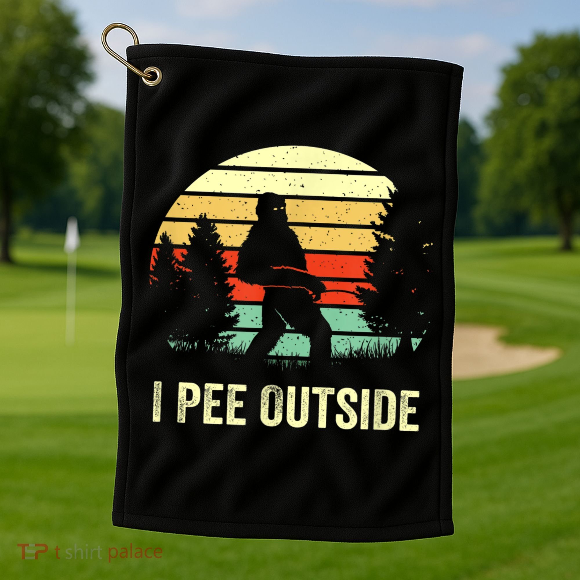 Retro Bigfoot Yeti Silhouette I Pee Outside Sasquatch Golf Towel