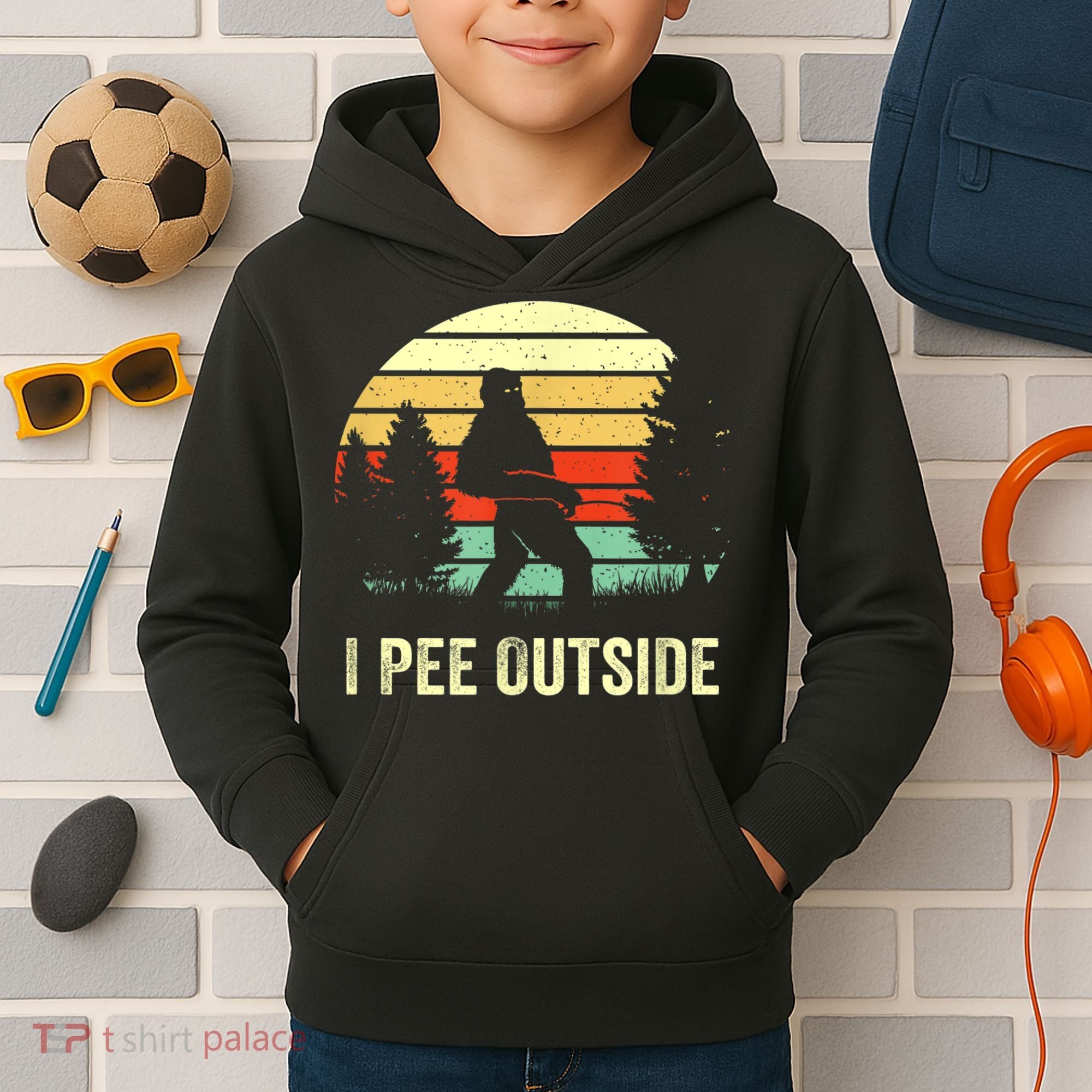 Retro Bigfoot Yeti Silhouette I Pee Outside Sasquatch Kids Hoodie