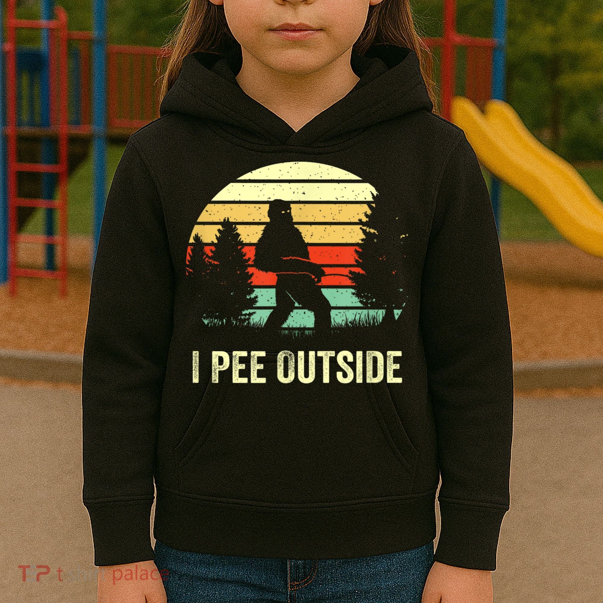 Retro Bigfoot Yeti Silhouette I Pee Outside Sasquatch Kids Hoodie