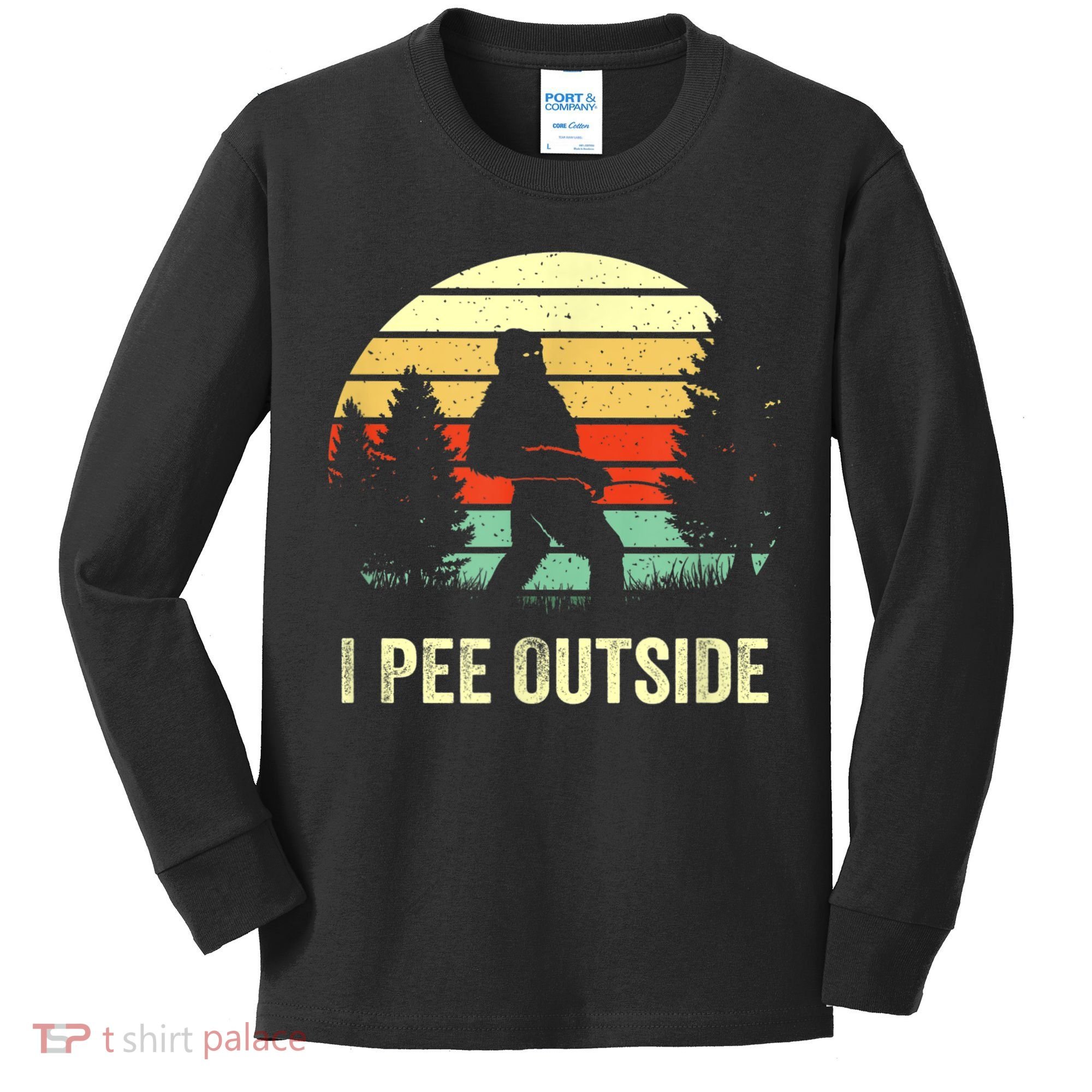 Retro Bigfoot Yeti Silhouette I Pee Outside Sasquatch Kids Long Sleeve Shirt