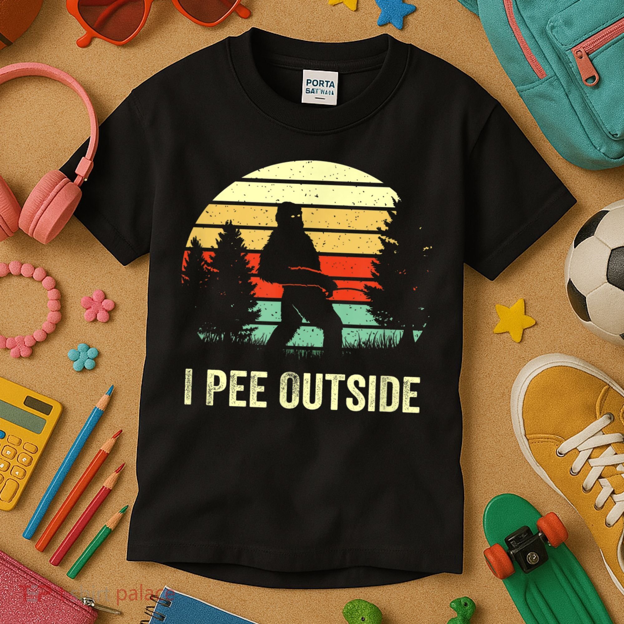 Retro Bigfoot Yeti Silhouette I Pee Outside Sasquatch Kids T-Shirt