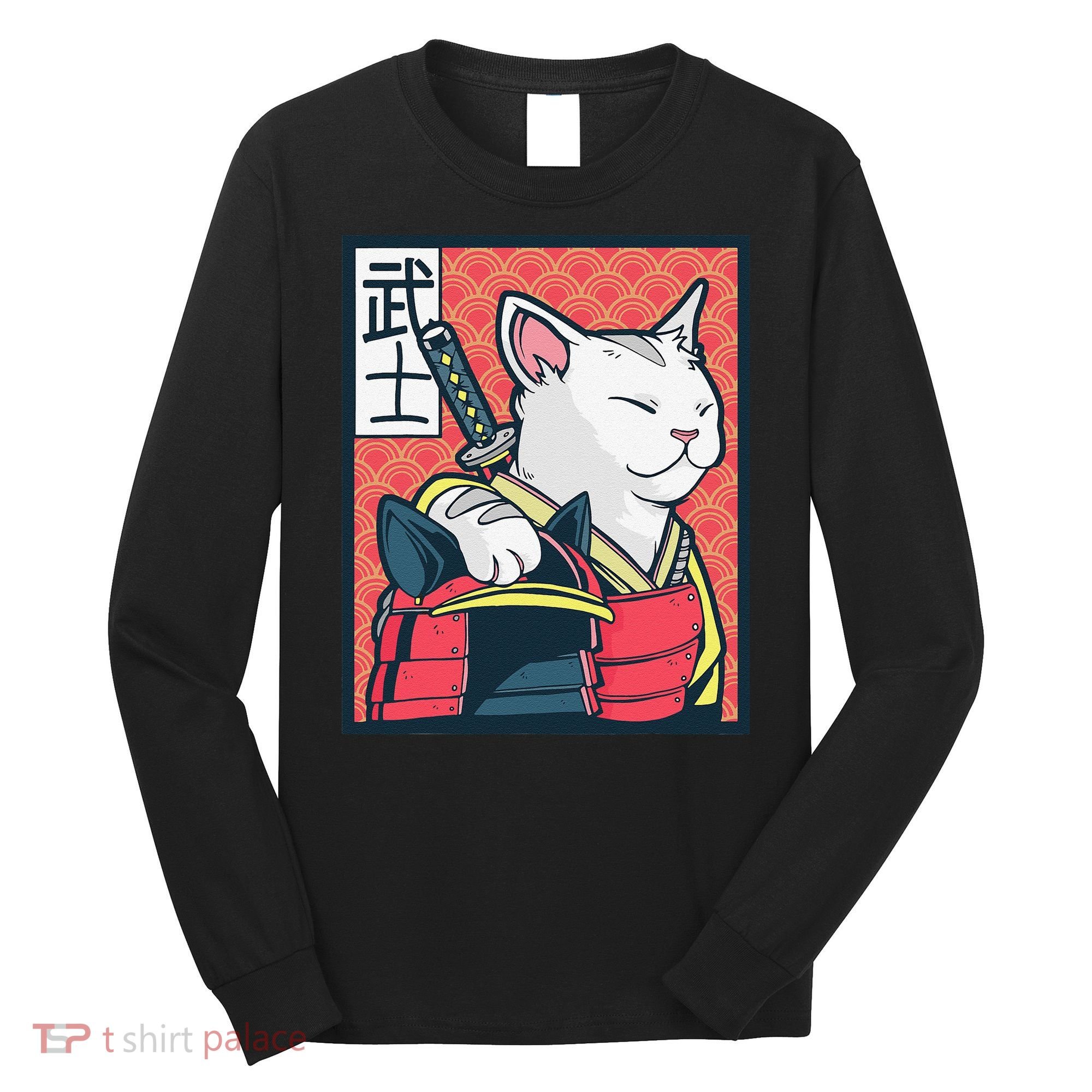 Retro Catzilla Ancient Japanese Cat Art - Anime Ninja Cat  Long Sleeve Shirt