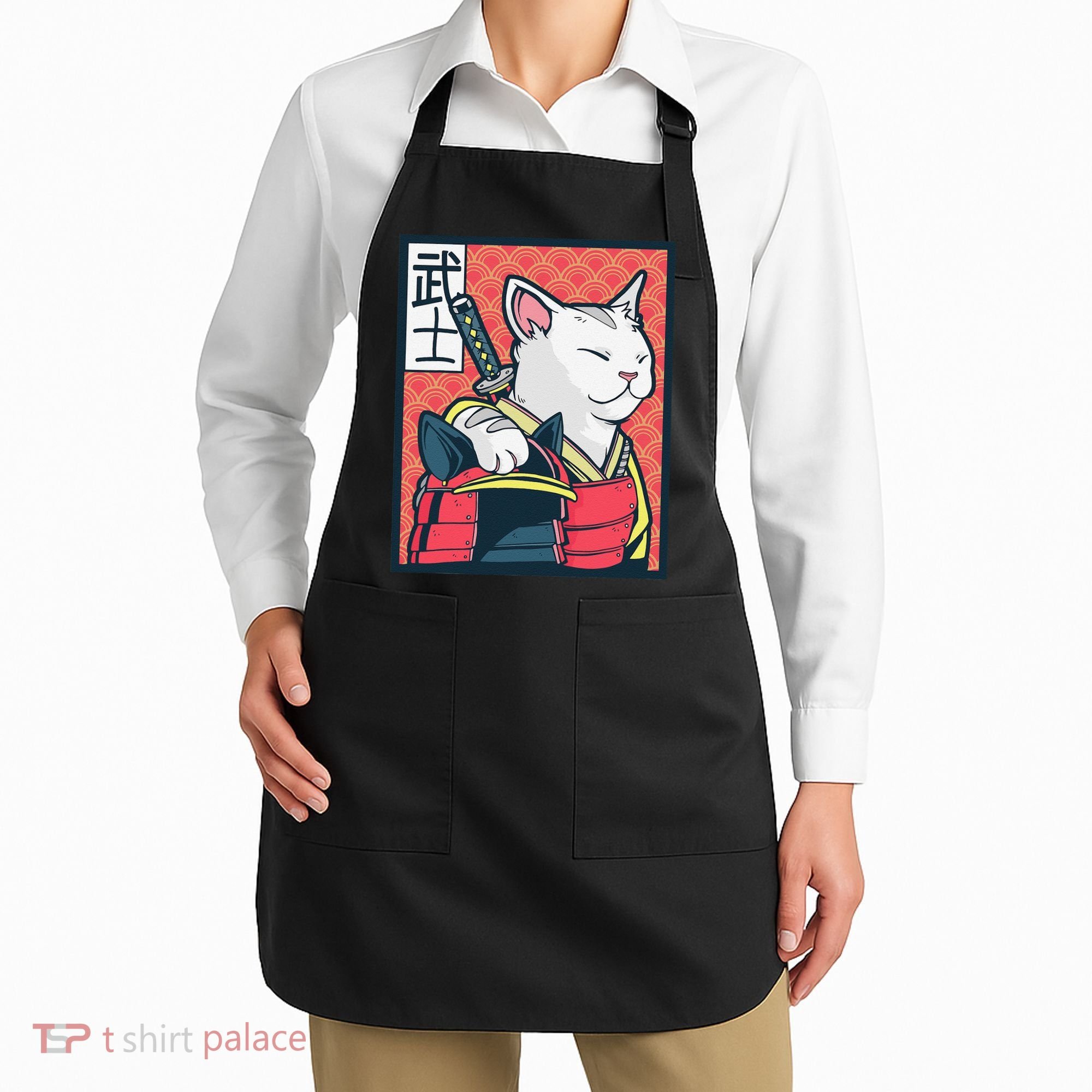 Retro Catzilla Ancient Japanese Cat Art - Anime Ninja Cat  Apron