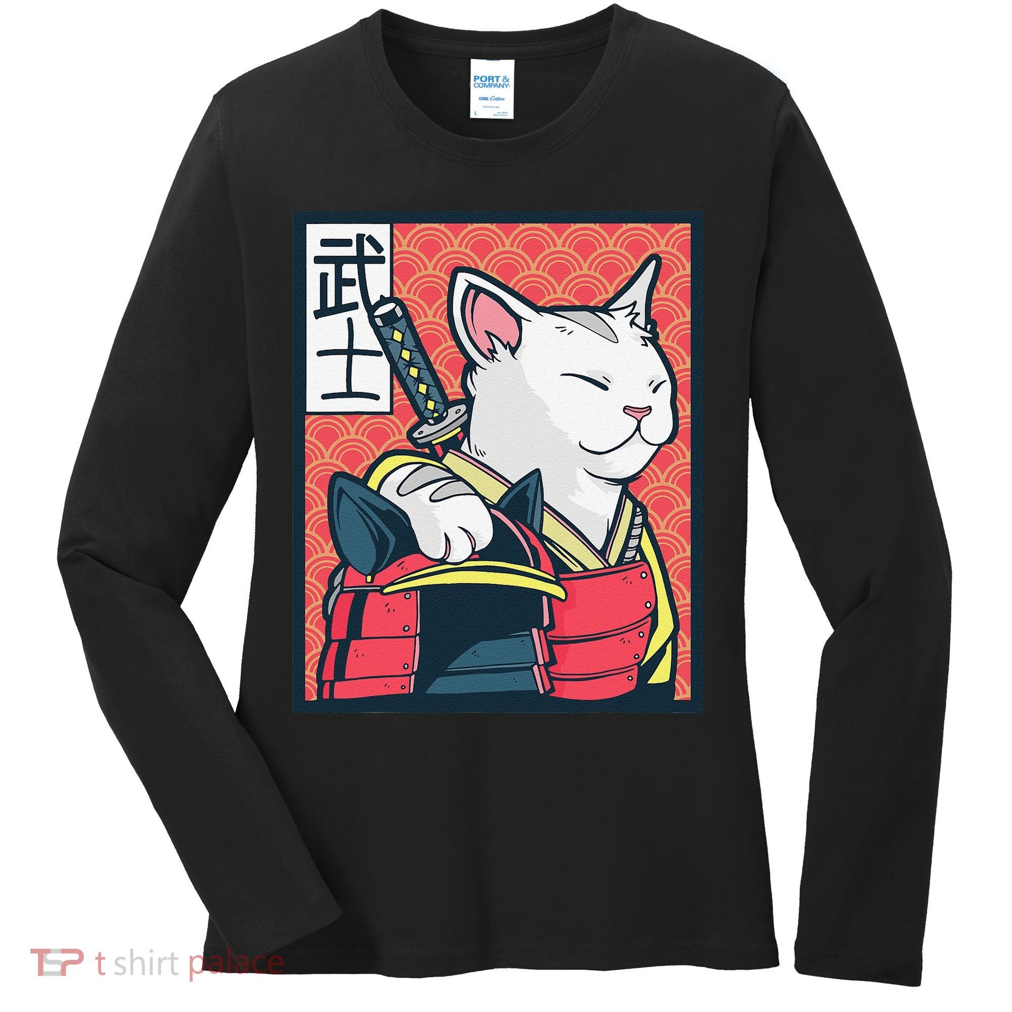 Retro Catzilla Ancient Japanese Cat Art - Anime Ninja Cat  Women's Long Sleeve Shirt