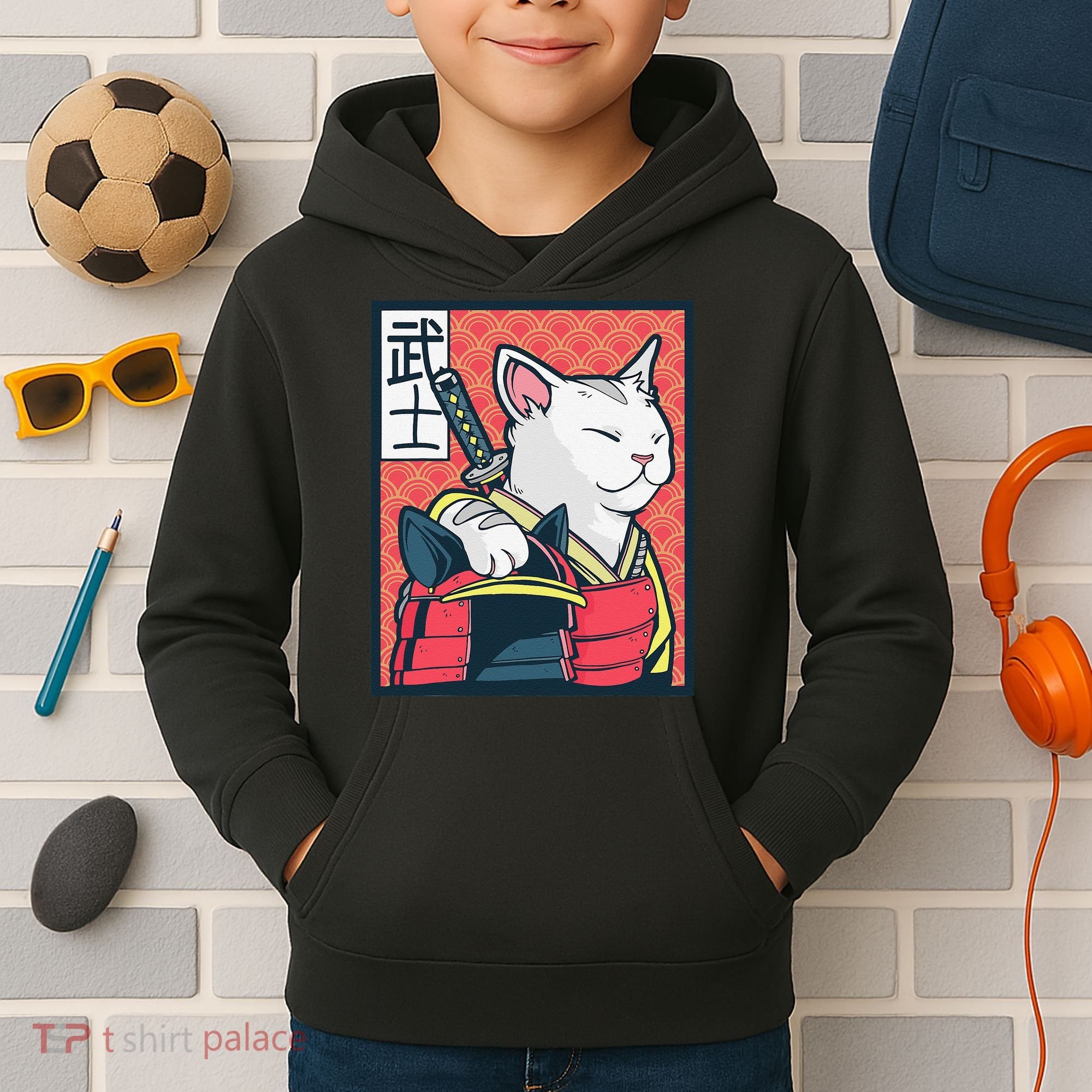 Retro Catzilla Ancient Japanese Cat Art - Anime Ninja Cat  Kids Hoodie