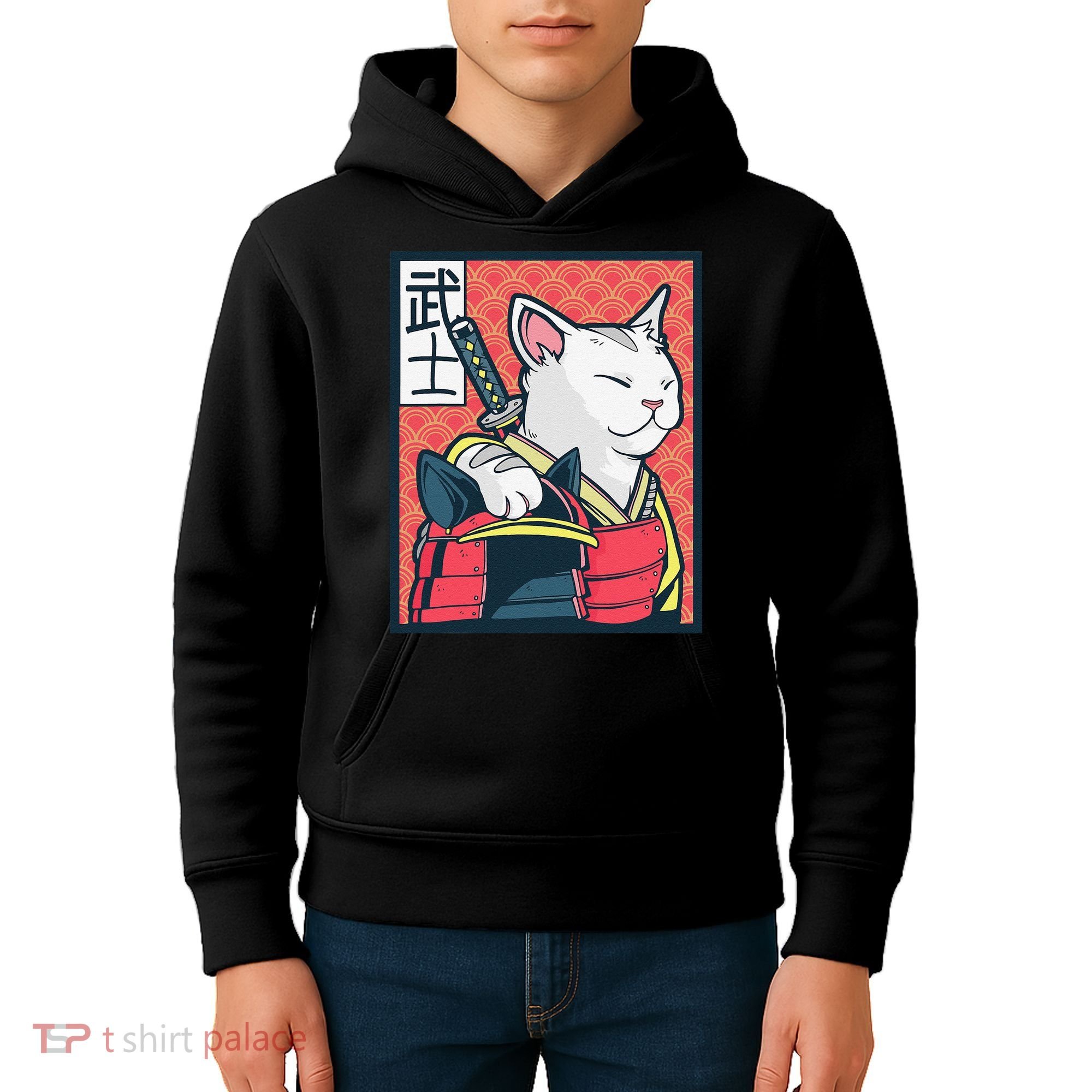 Retro Catzilla Ancient Japanese Cat Art - Anime Ninja Cat  Kids Hoodie