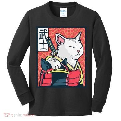 Retro Catzilla Ancient Japanese Cat Art - Anime Ninja Cat  Kids Long Sleeve Shirt