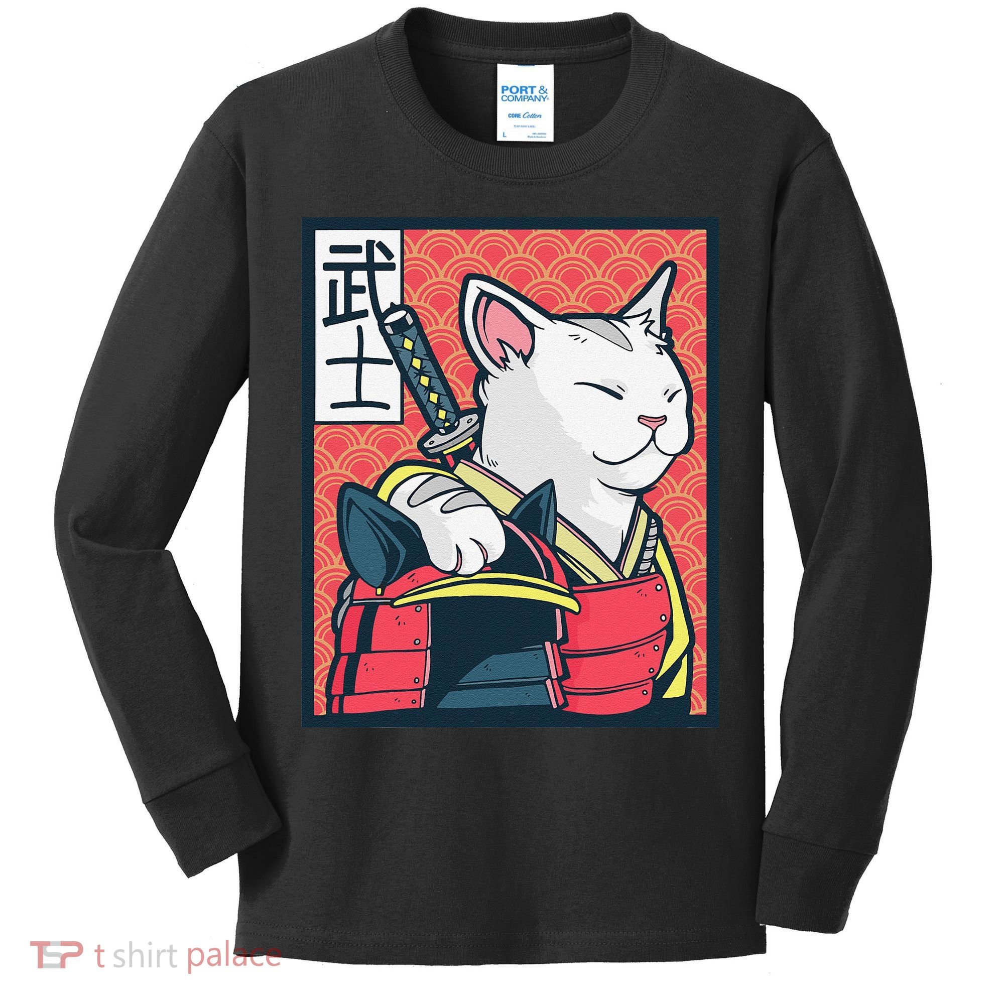 Retro Catzilla Ancient Japanese Cat Art - Anime Ninja Cat  Kids Long Sleeve Shirt