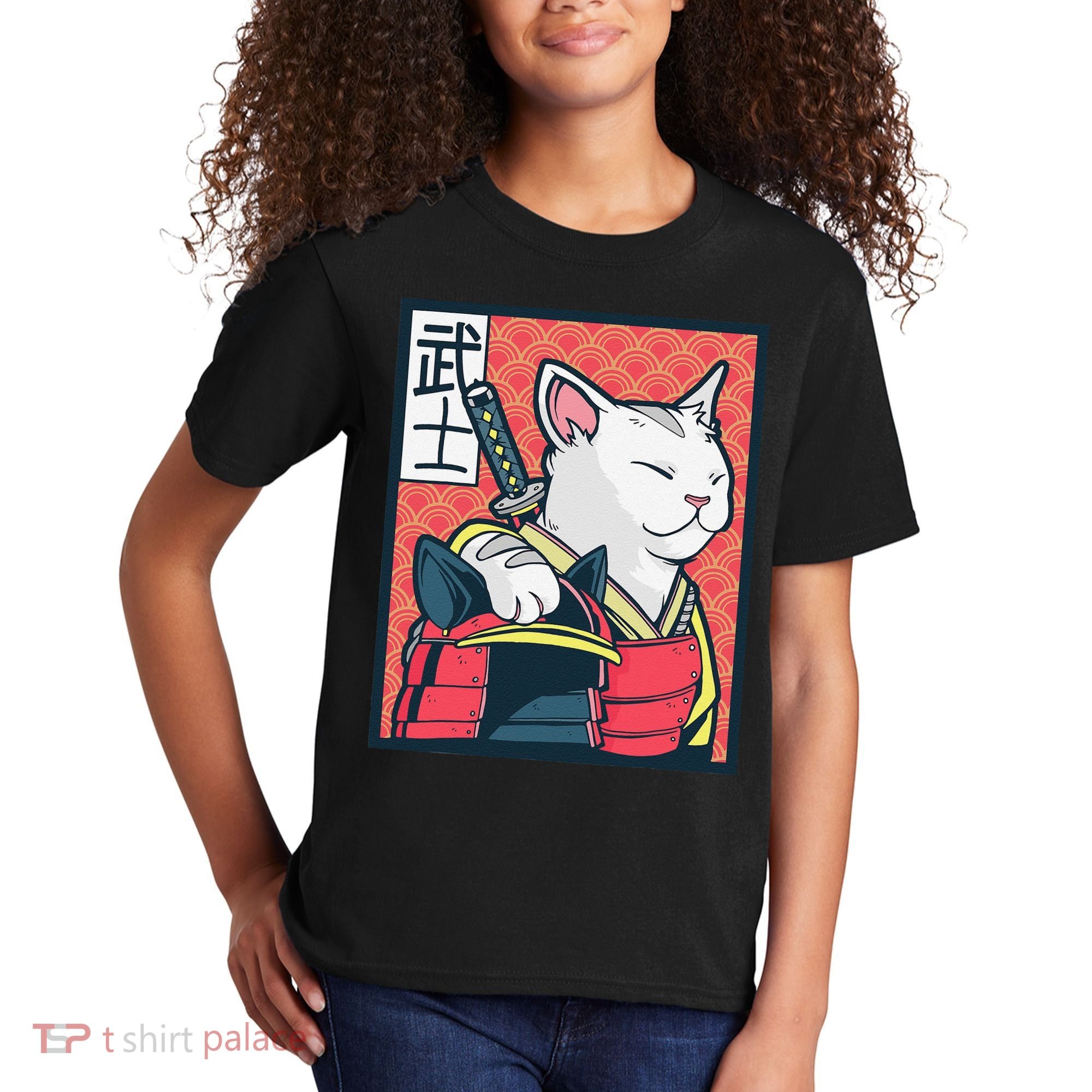 Retro Catzilla Ancient Japanese Cat Art - Anime Ninja Cat  Kids T-Shirt