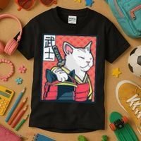 Retro Catzilla Ancient Japanese Cat Art - Anime Ninja Cat  Kids T-Shirt thumb 3