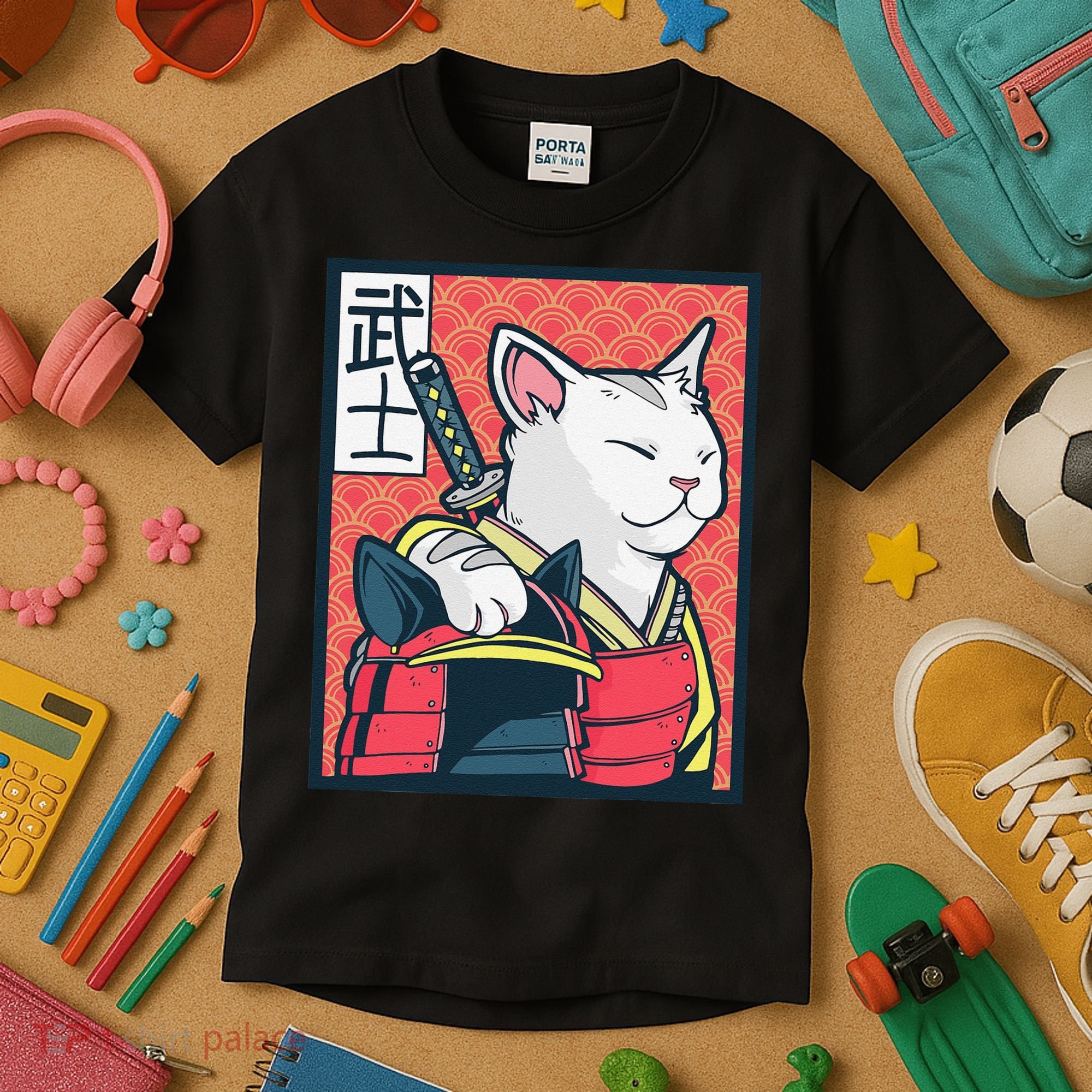 Retro Catzilla Ancient Japanese Cat Art - Anime Ninja Cat  Kids T-Shirt