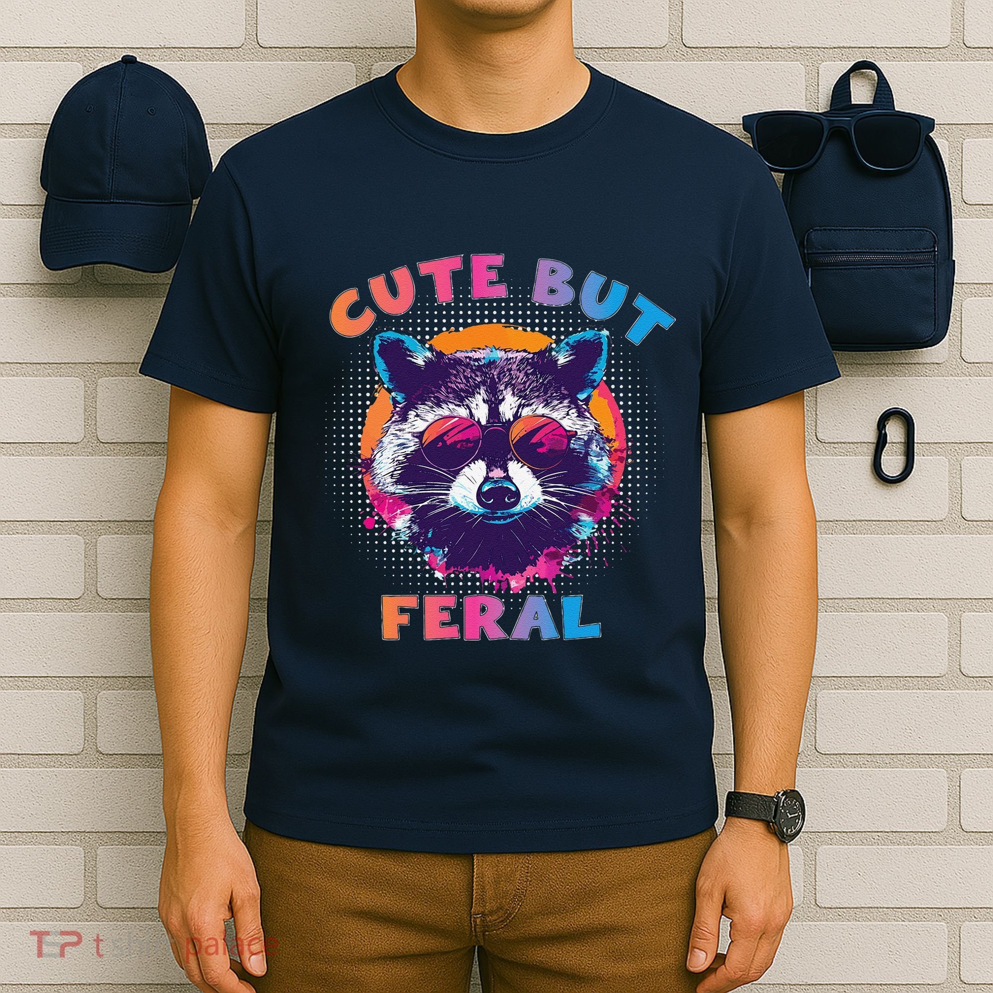 Raccoon Cute But Feral Colorful Funny Raccoon Feral T-Shirt