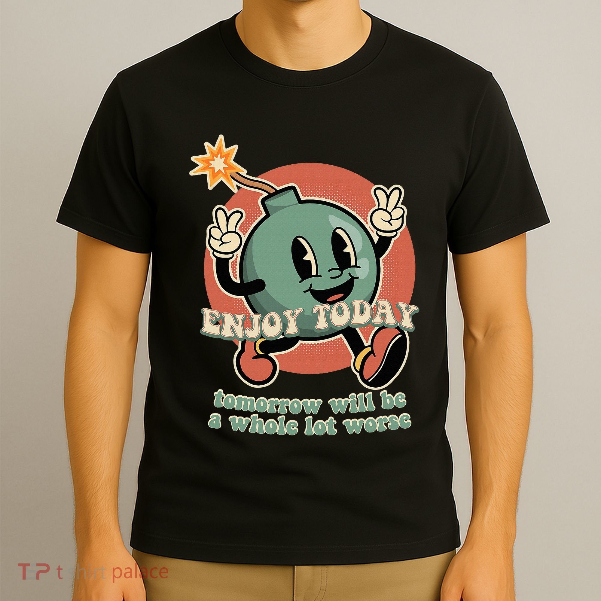 Retro Cartoon Bomb Nihilism Classic Fit Crew Neck Short Sleeve Black T-Shirt
