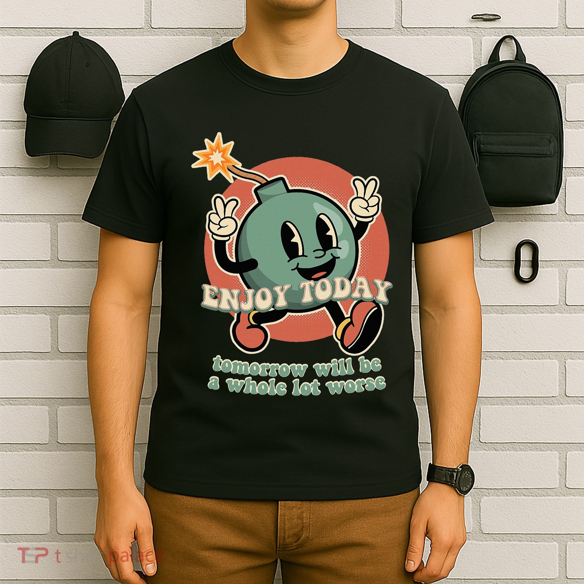 Retro Cartoon Bomb Nihilism Classic Fit Crew Neck Short Sleeve Black T-Shirt