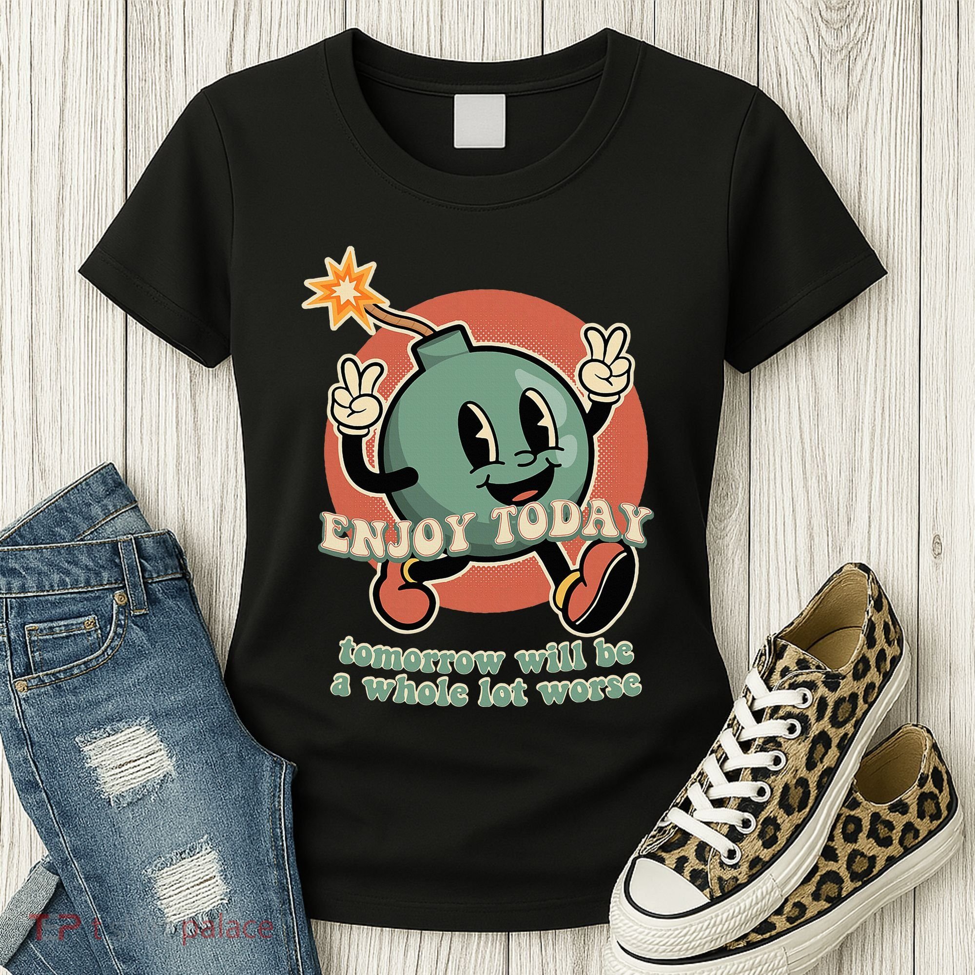Retro Cartoon Bomb Nihilism Classic Fit Crew Neck Short Sleeve Black Women's T-Shirt