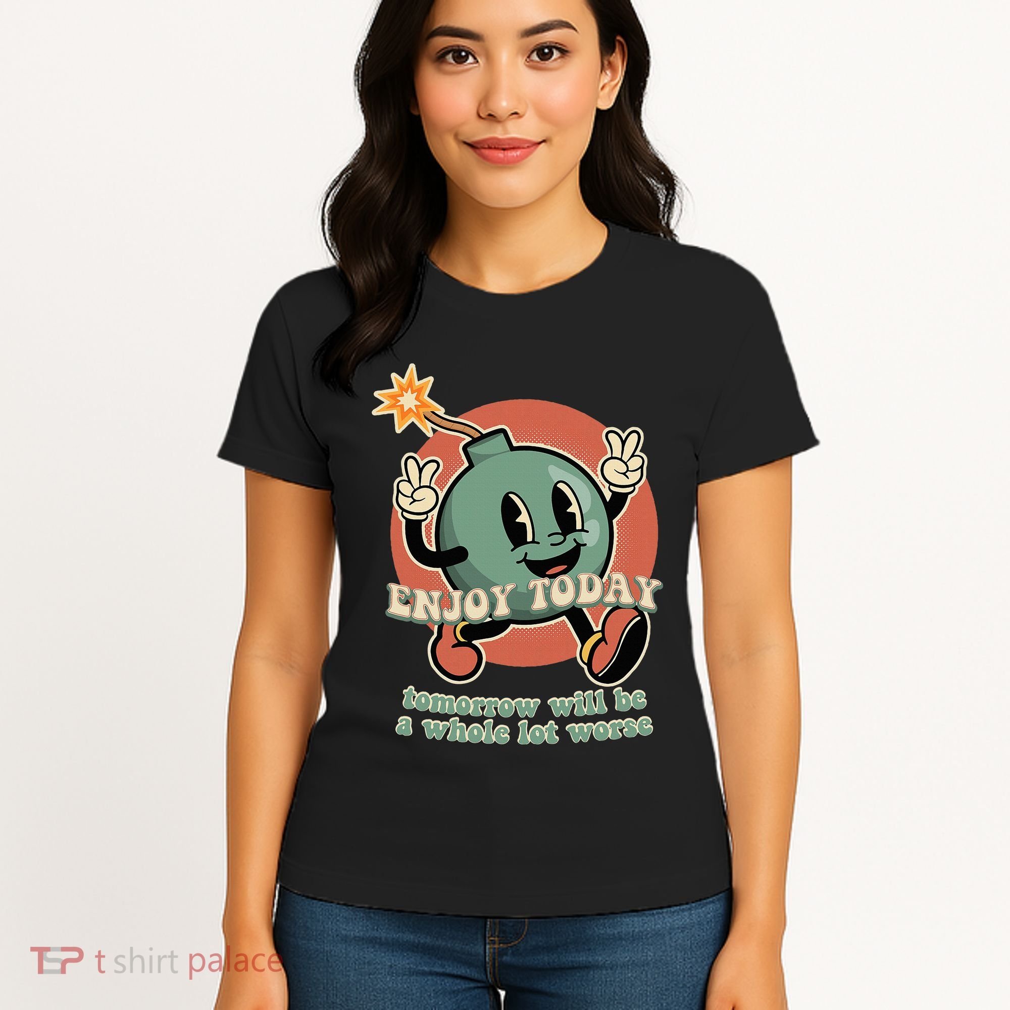 Retro Cartoon Bomb Nihilism Classic Fit Crew Neck Short Sleeve Black Women's T-Shirt