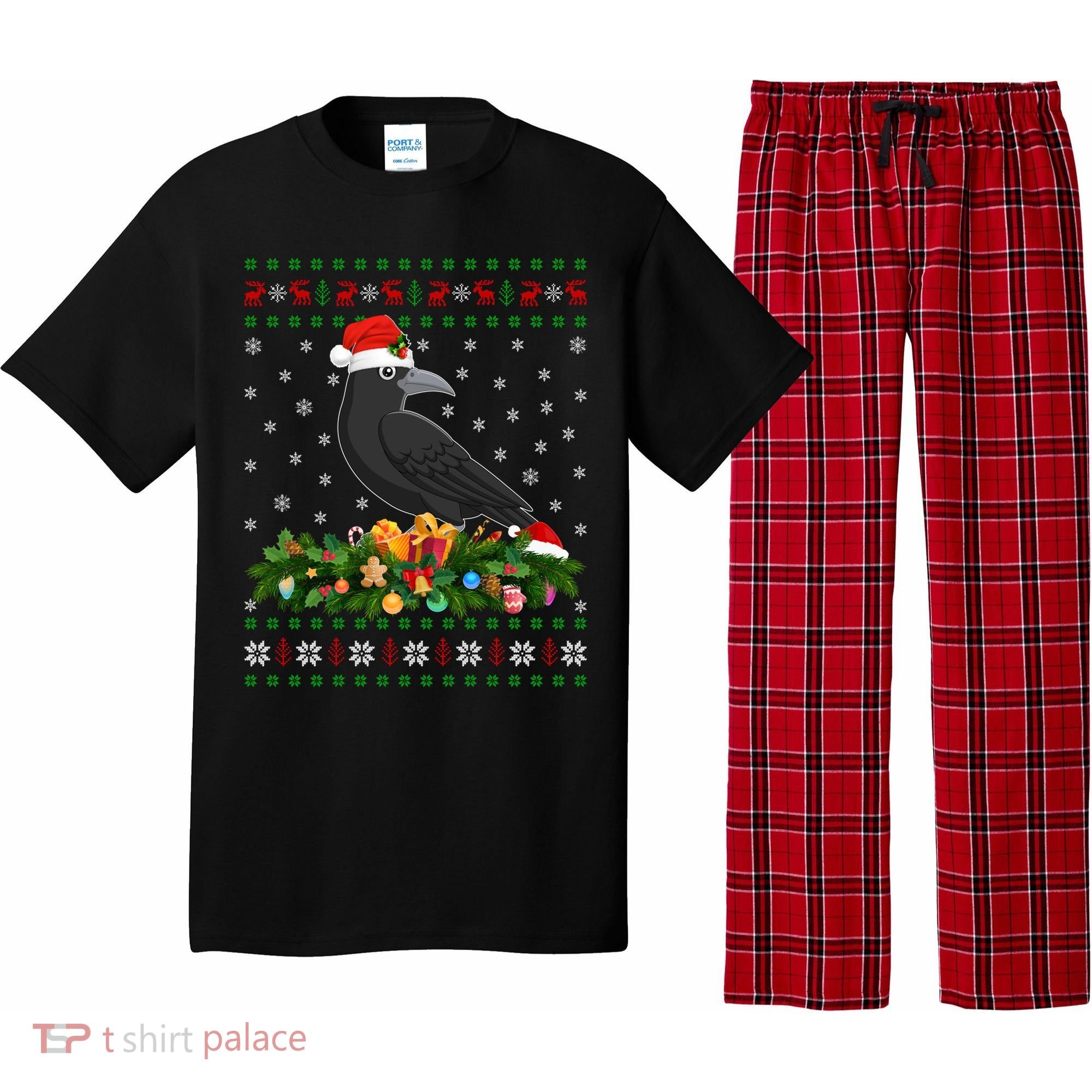 Raven Crow Bird Lover Xmas Santa Hat Ugly Crow Christmas Gift Pajama Set