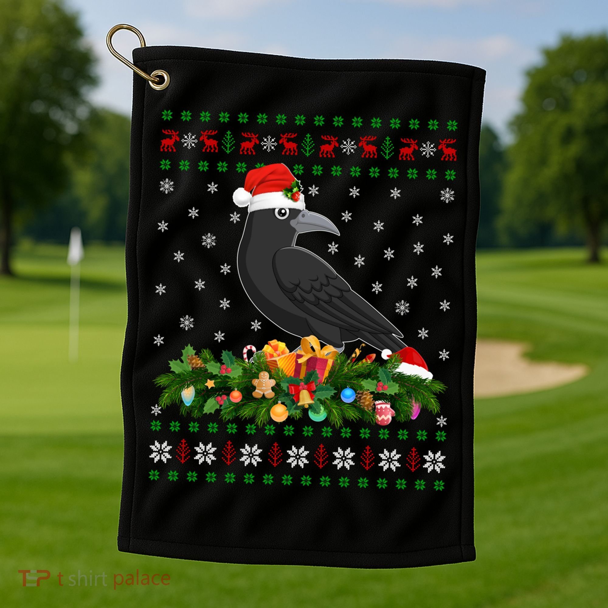 Raven Crow Bird Lover Xmas Santa Hat Ugly Crow Christmas Gift Golf Towel