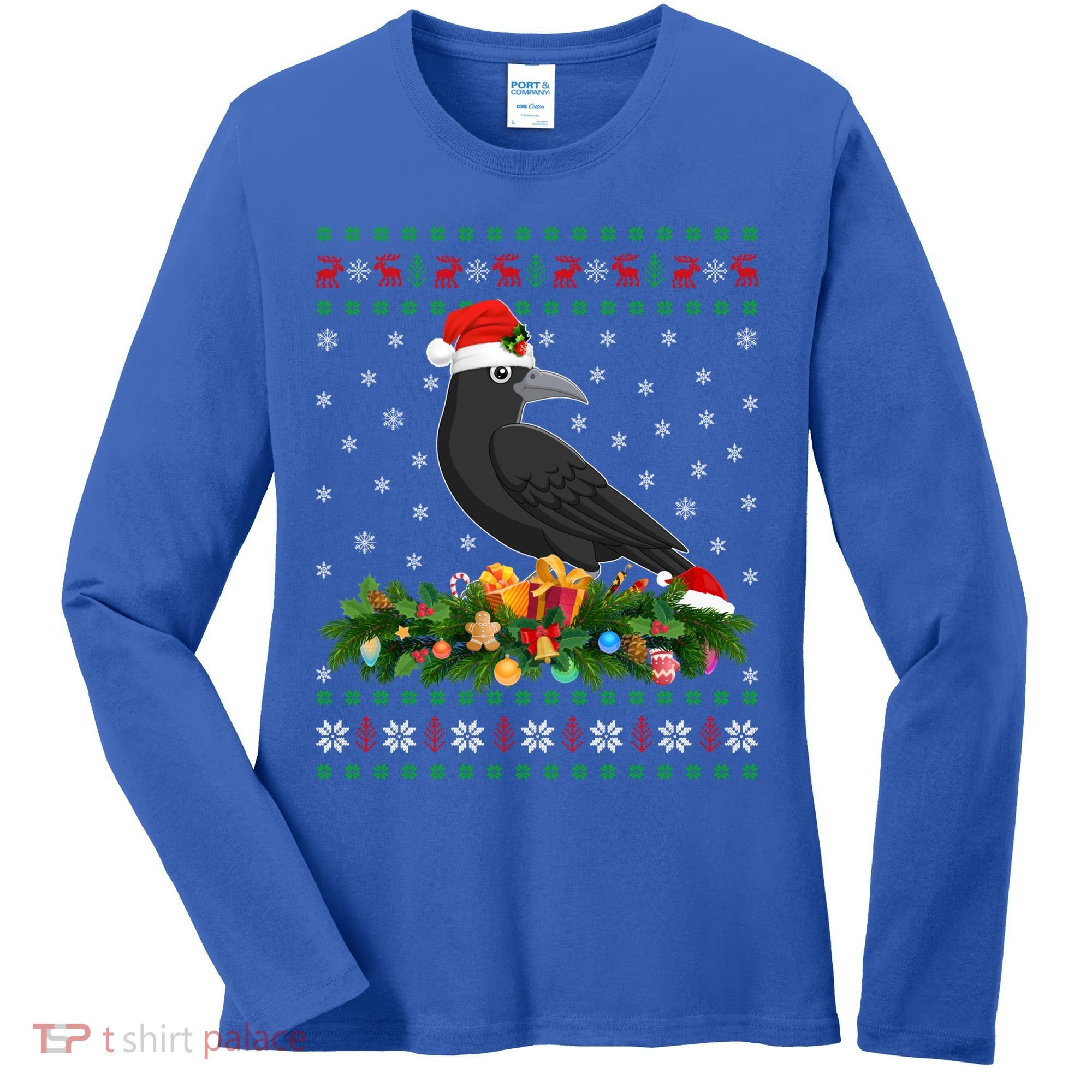 Raven Crow Bird Lover Xmas Santa Hat Ugly Crow Christmas Gift Women's Long Sleeve Shirt