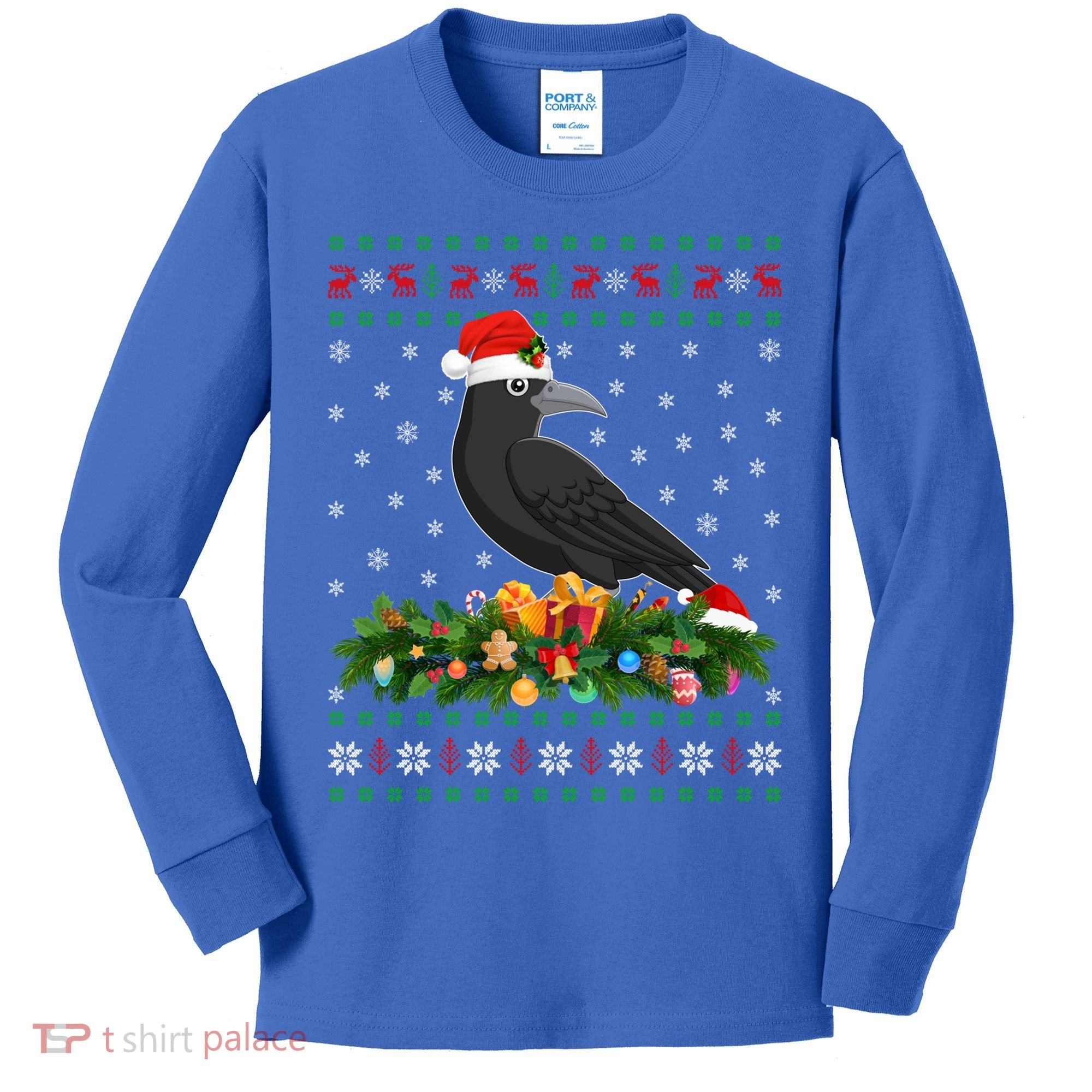 Raven Crow Bird Lover Xmas Santa Hat Ugly Crow Christmas Gift Kids Long Sleeve Shirt