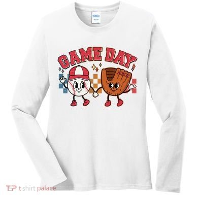 Retro Cartoon Baseball Game Day Women's Long Sleeve Shirt